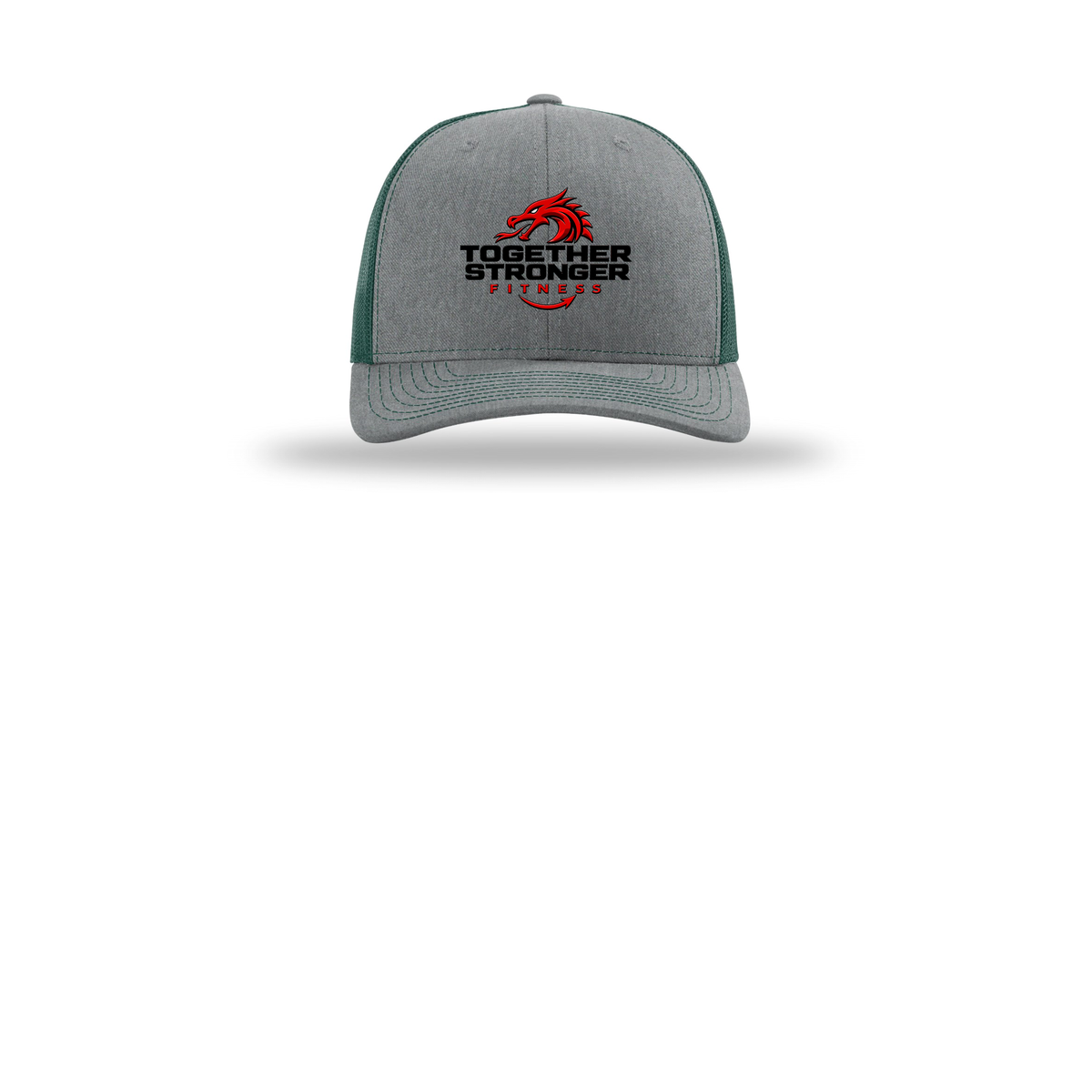 togetherstrongerfitness-richardson-trucker-cap-embroidery-capfront-R112-heathergreydarkgreen-flat-front