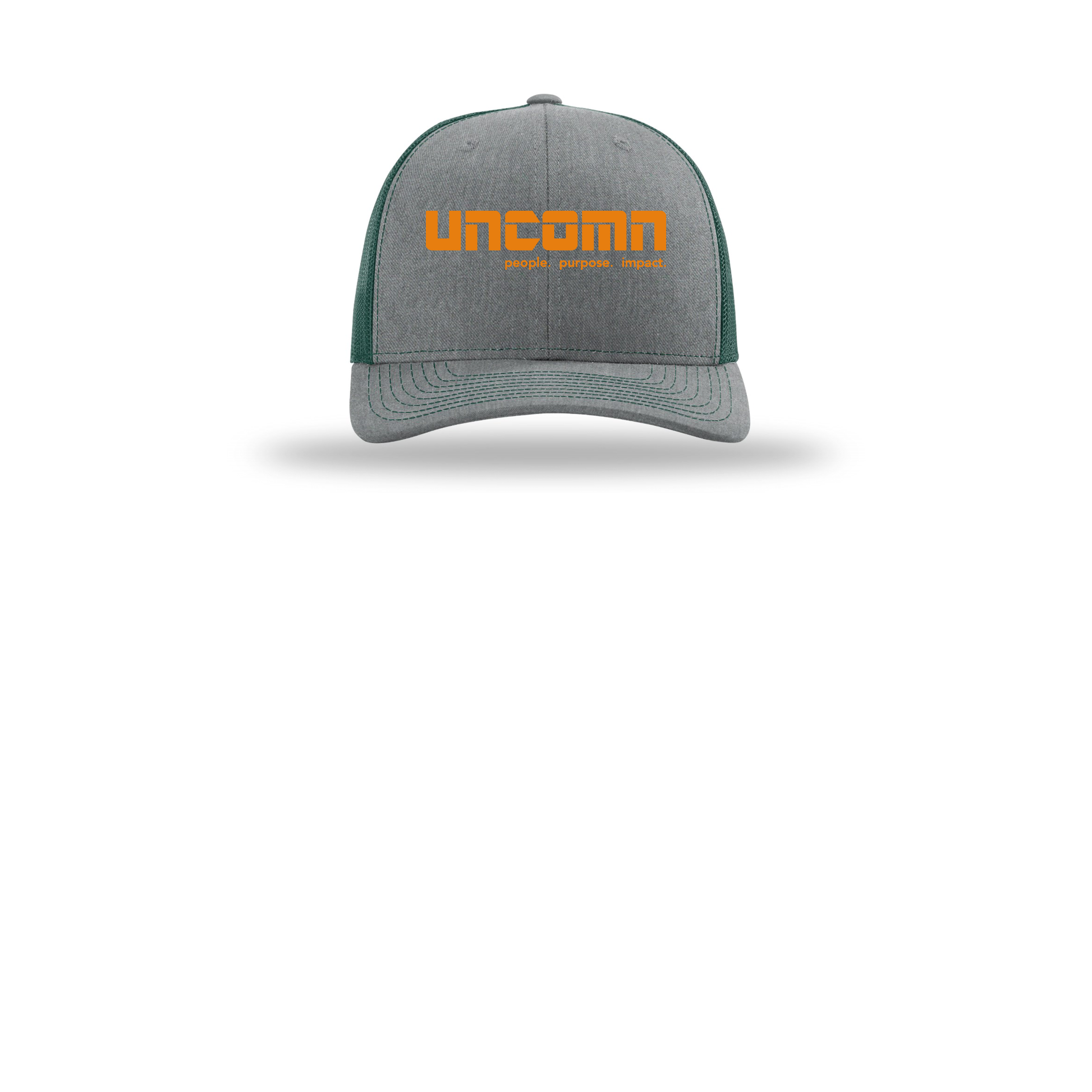 uncomn-richardson-trucker-cap-embroidery-capfront-R112-heathergreydarkgreen-flat-front