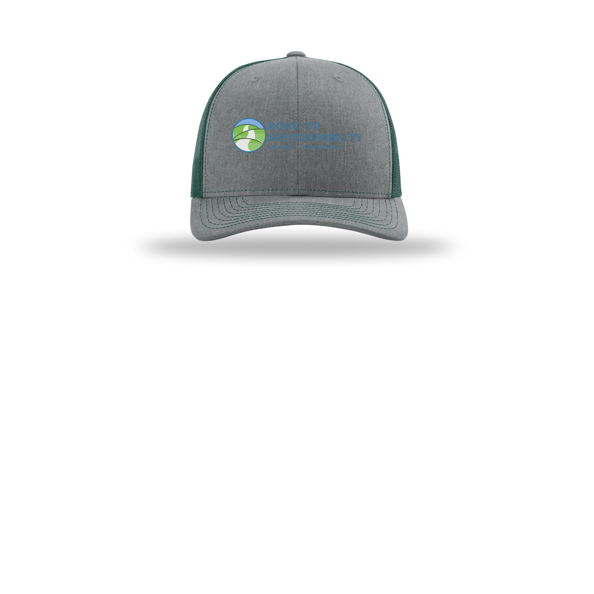 roadtoresponsibility-richardson-trucker-cap-embroidery-capfront-R112-heathergreydarkgreen-flat-front