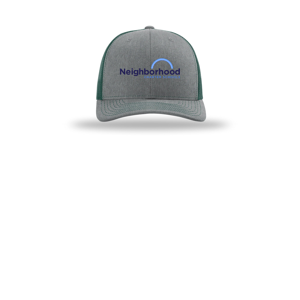 ncschools-richardson-trucker-cap-embroidery-capfront-R112-heathergreydarkgreen-flat-front