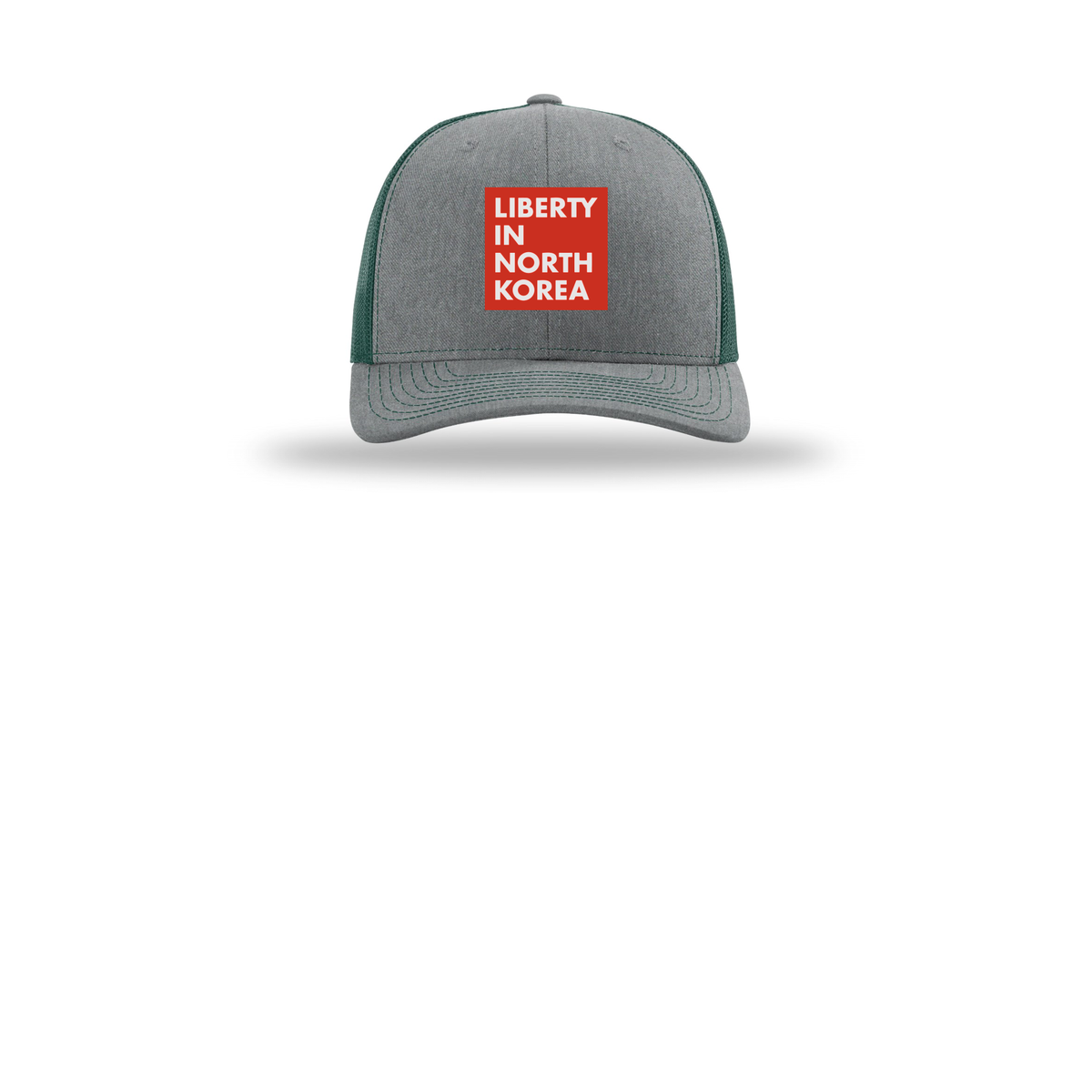 libertyinnorthkorea-richardson-trucker-cap-embroidery-capfront-R112-heathergreydarkgreen-flat-front