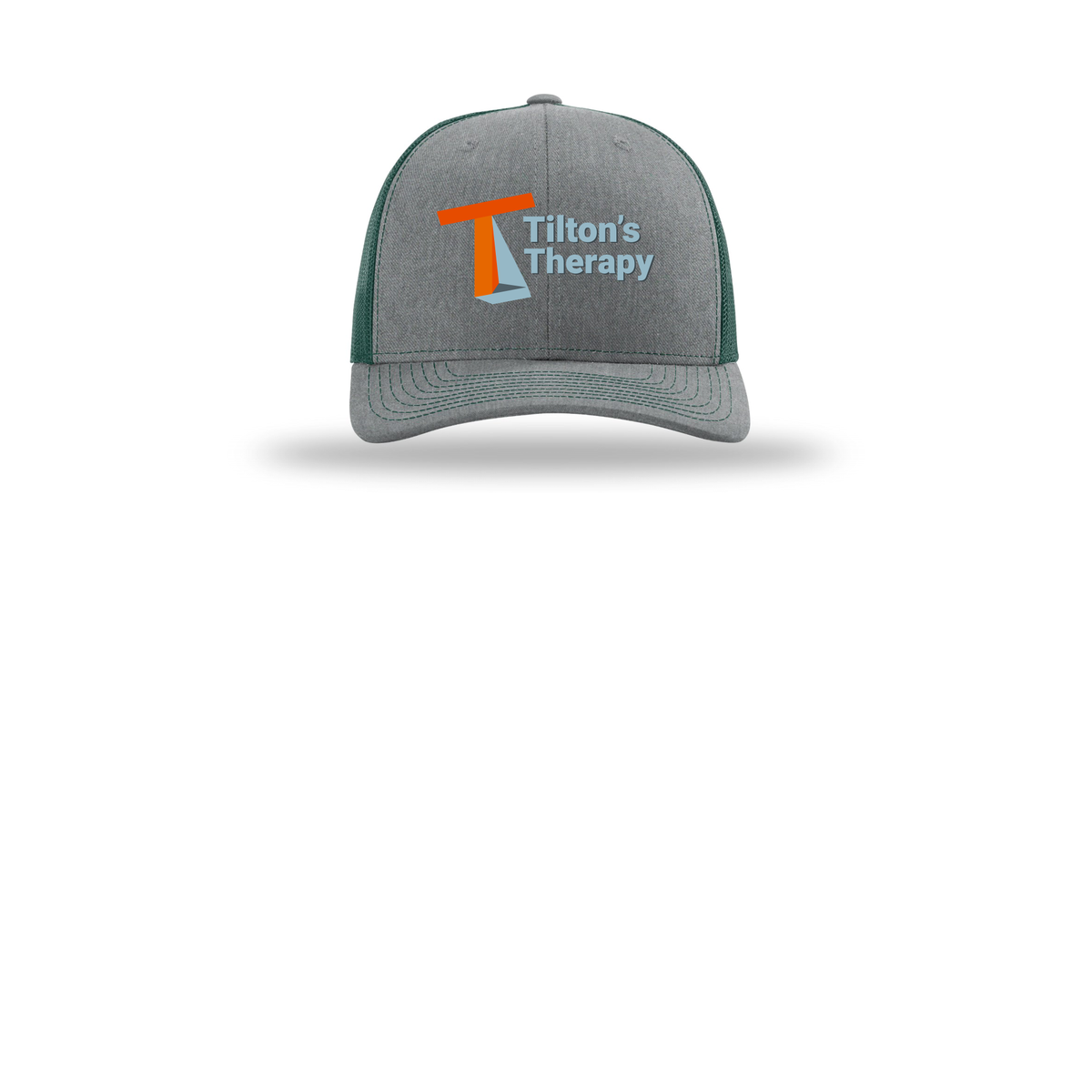 tiltonstherapy-richardson-trucker-cap-embroidery-capfront-R112-heathergreydarkgreen-flat-front