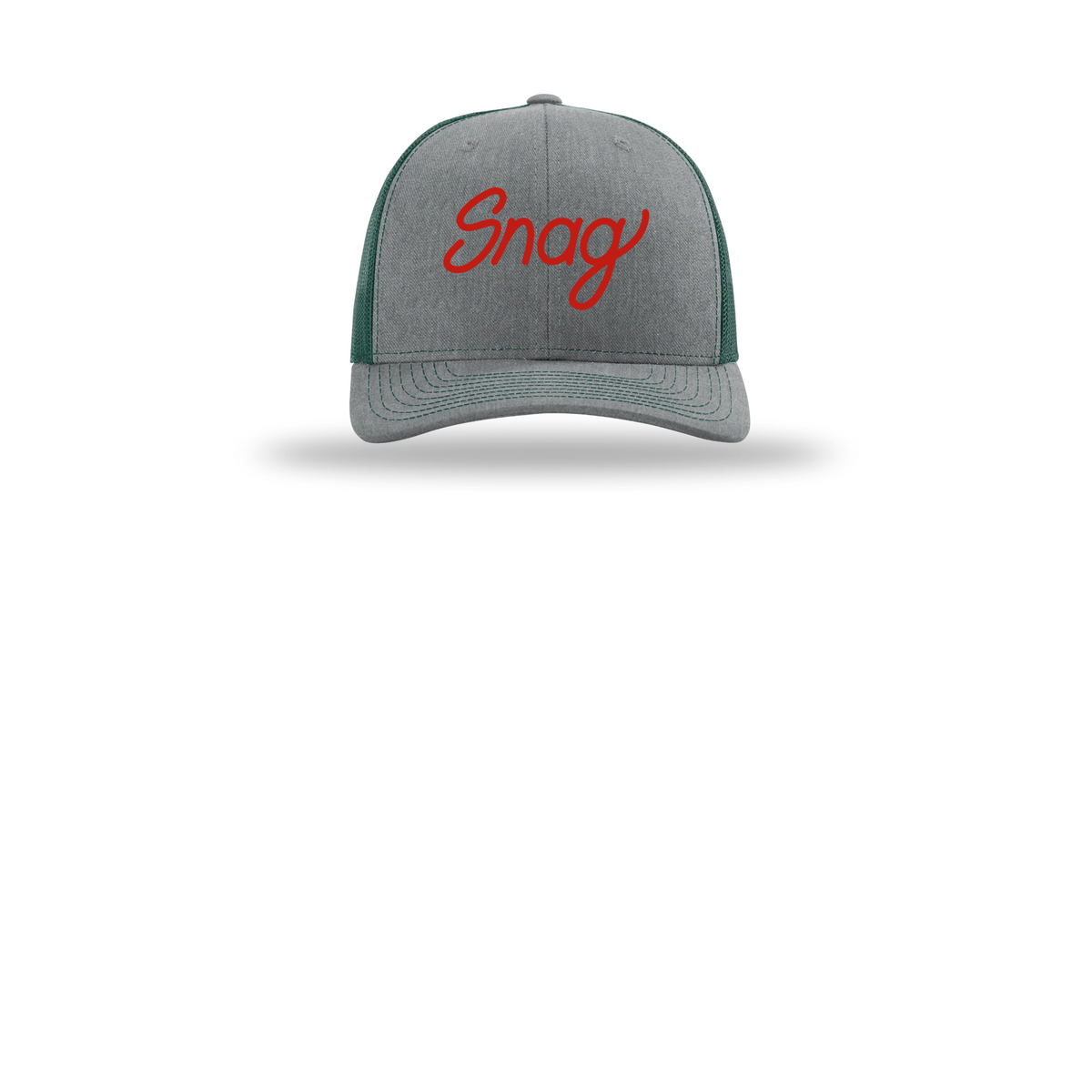 snagdelivery-richardson-trucker-cap-embroidery-capfront-R112-heathergreydarkgreen-flat-front
