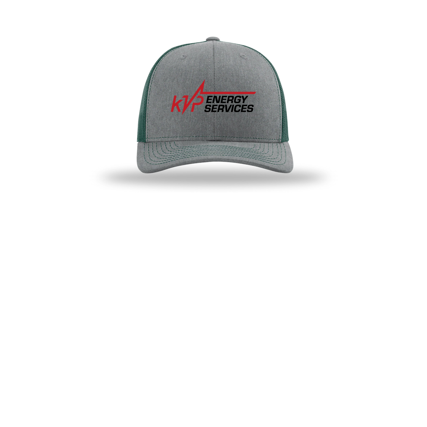 kvpenergy-richardson-trucker-cap-embroidery-capfront-R112-heathergreydarkgreen-flat-front