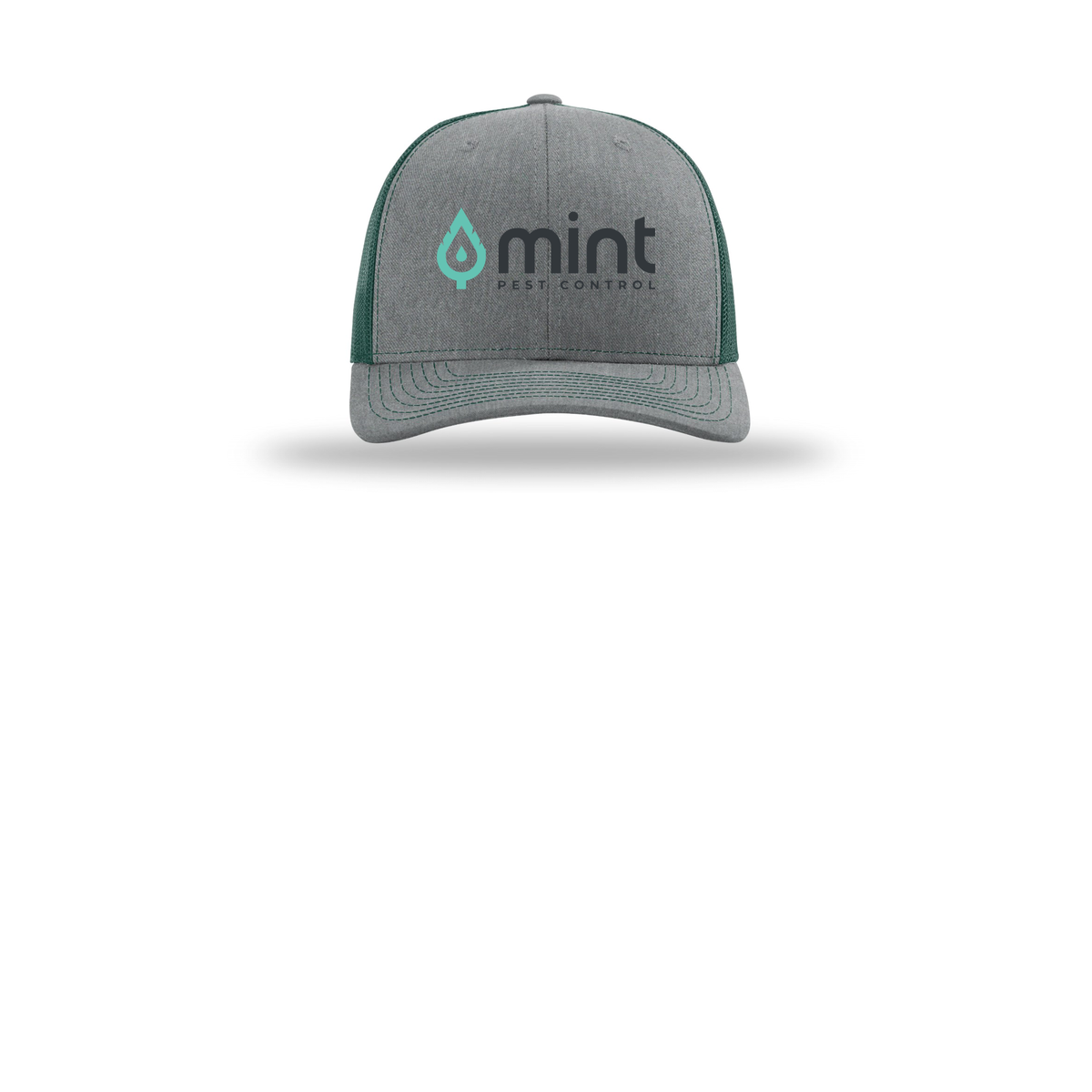 mintpest-richardson-trucker-cap-embroidery-capfront-R112-heathergreydarkgreen-flat-front