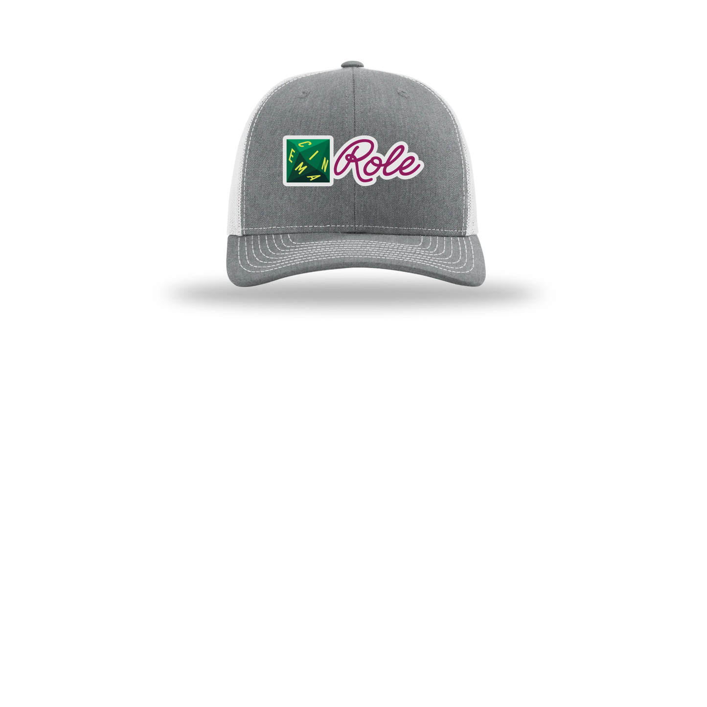 cinemarole-richardson-trucker-cap-embroidery-capfront-R112-heathergreylightgrey-flat-front