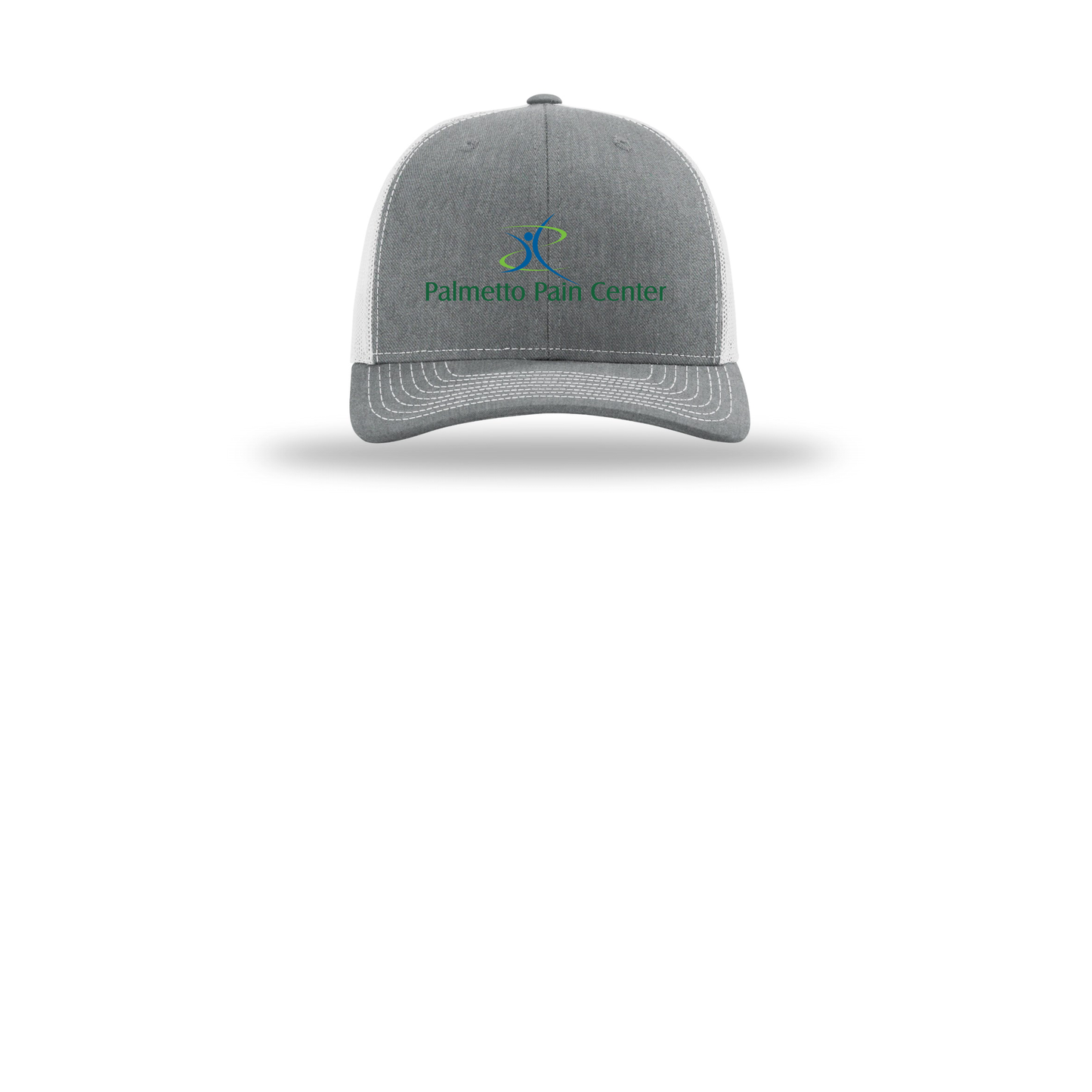 palmetto-pain-center-richardson-trucker-cap-embroidery-capfront-R112-heathergreylightgrey-flat-front