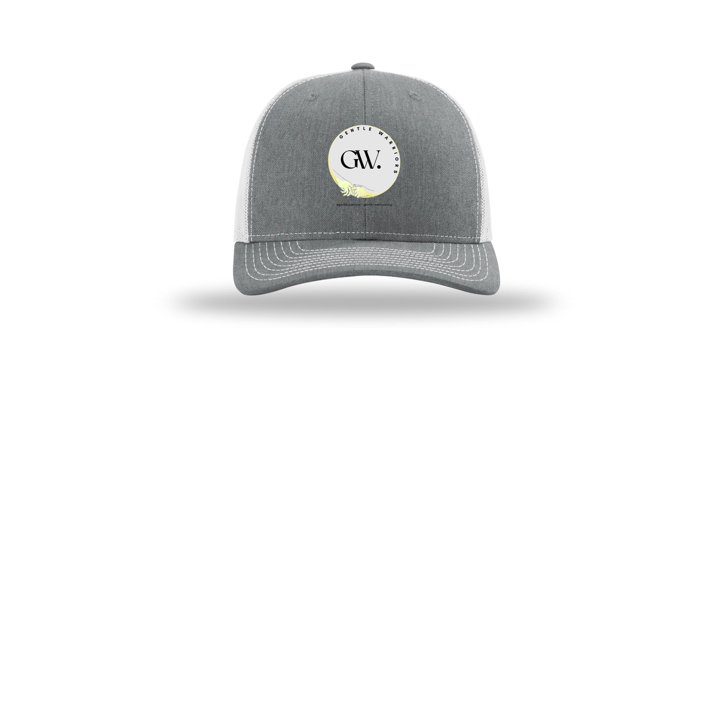 gentle-warriors-richardson-trucker-cap-embroidery-capfront-R112-heathergreylightgrey-flat-front