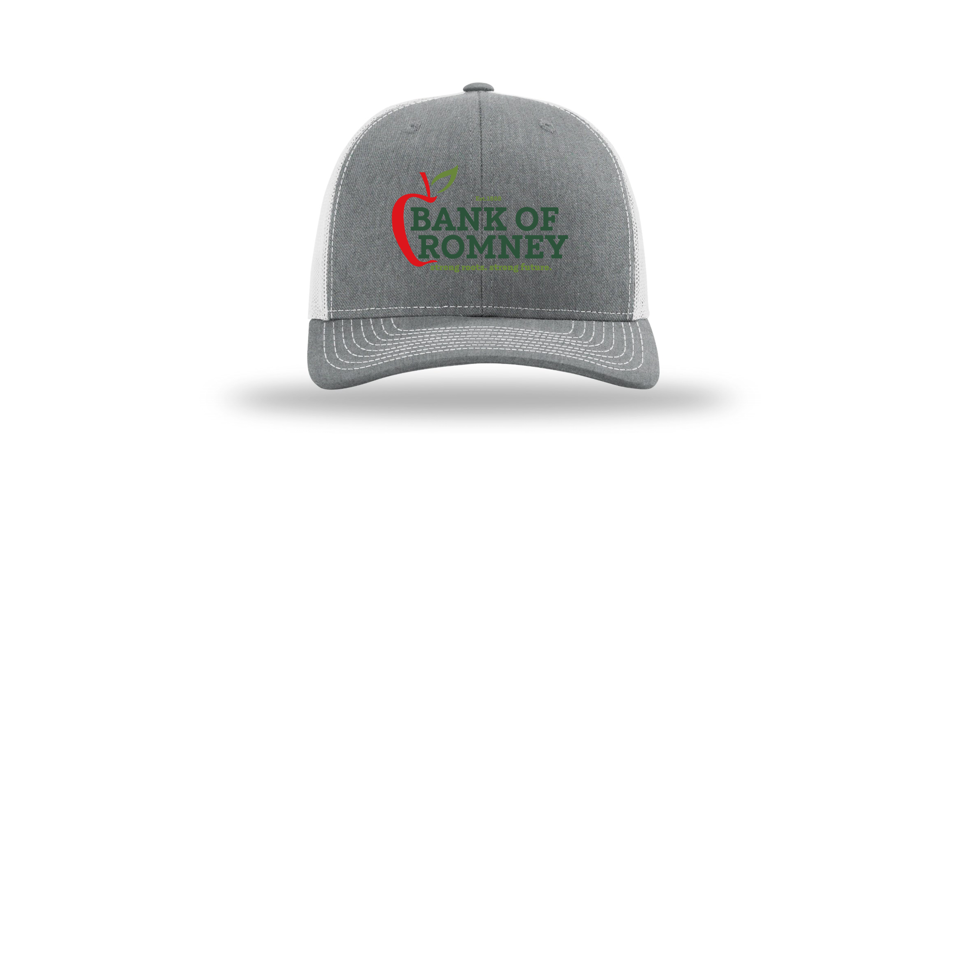 bankofromney-richardson-trucker-cap-embroidery-capfront-R112-heathergreylightgrey-flat-front