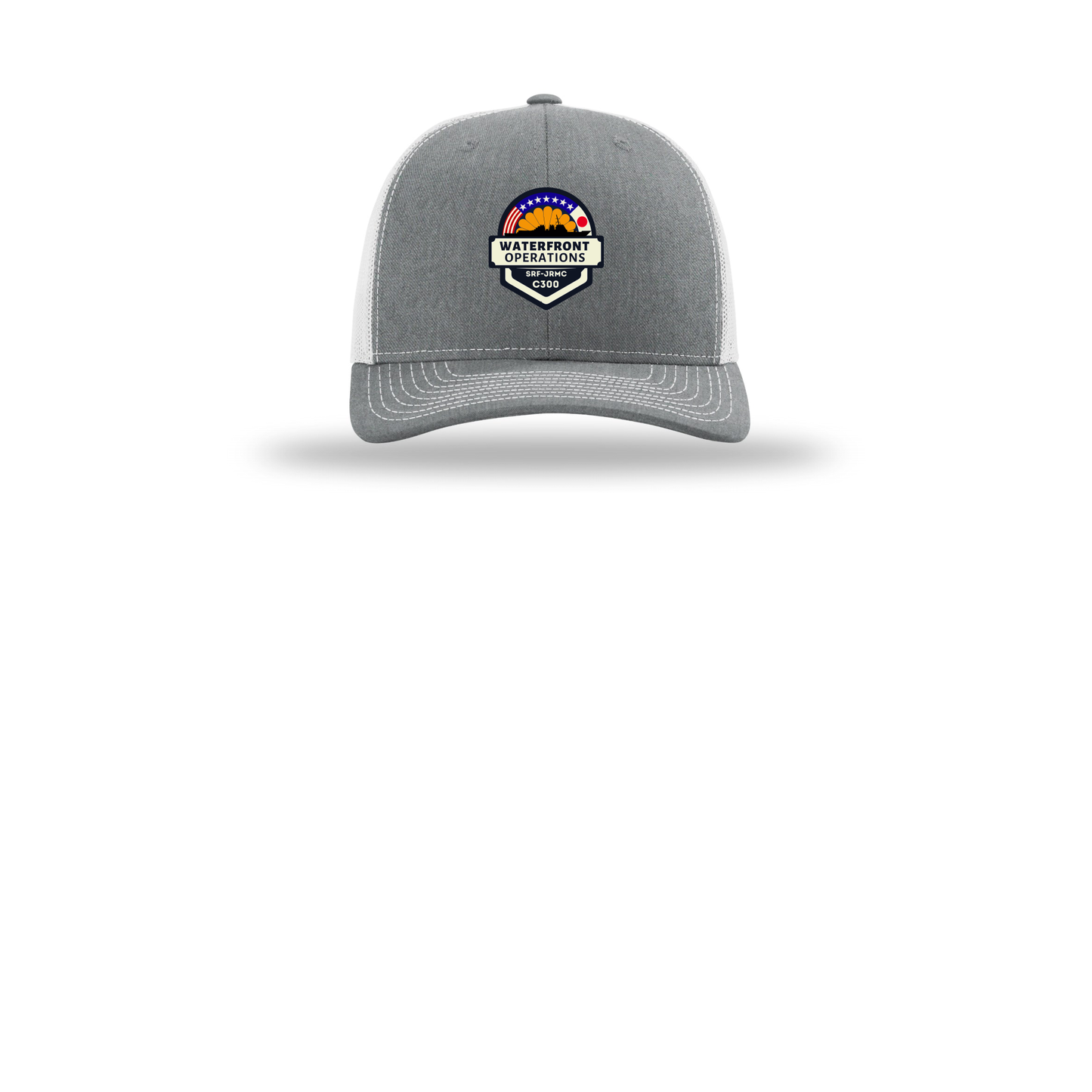 waterfront-operations-retro-trucker-cap-embroidery-capfront-R112-heathergreylightgrey-flat-front