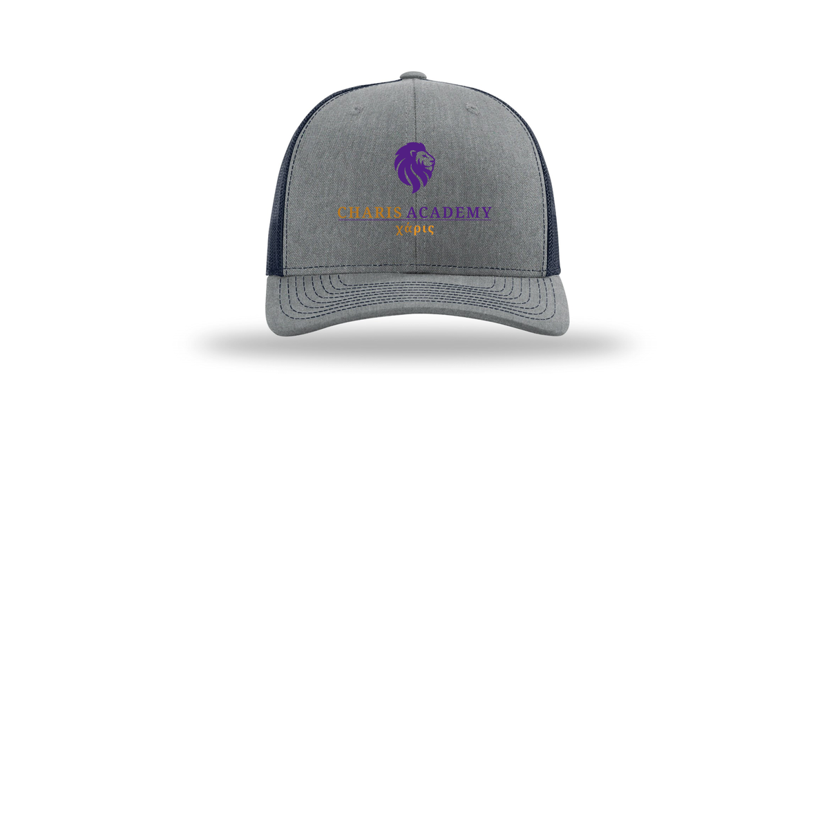 cahazleton-richardson-trucker-cap-embroidery-capfront-R112-heathergreynavy-flat-front