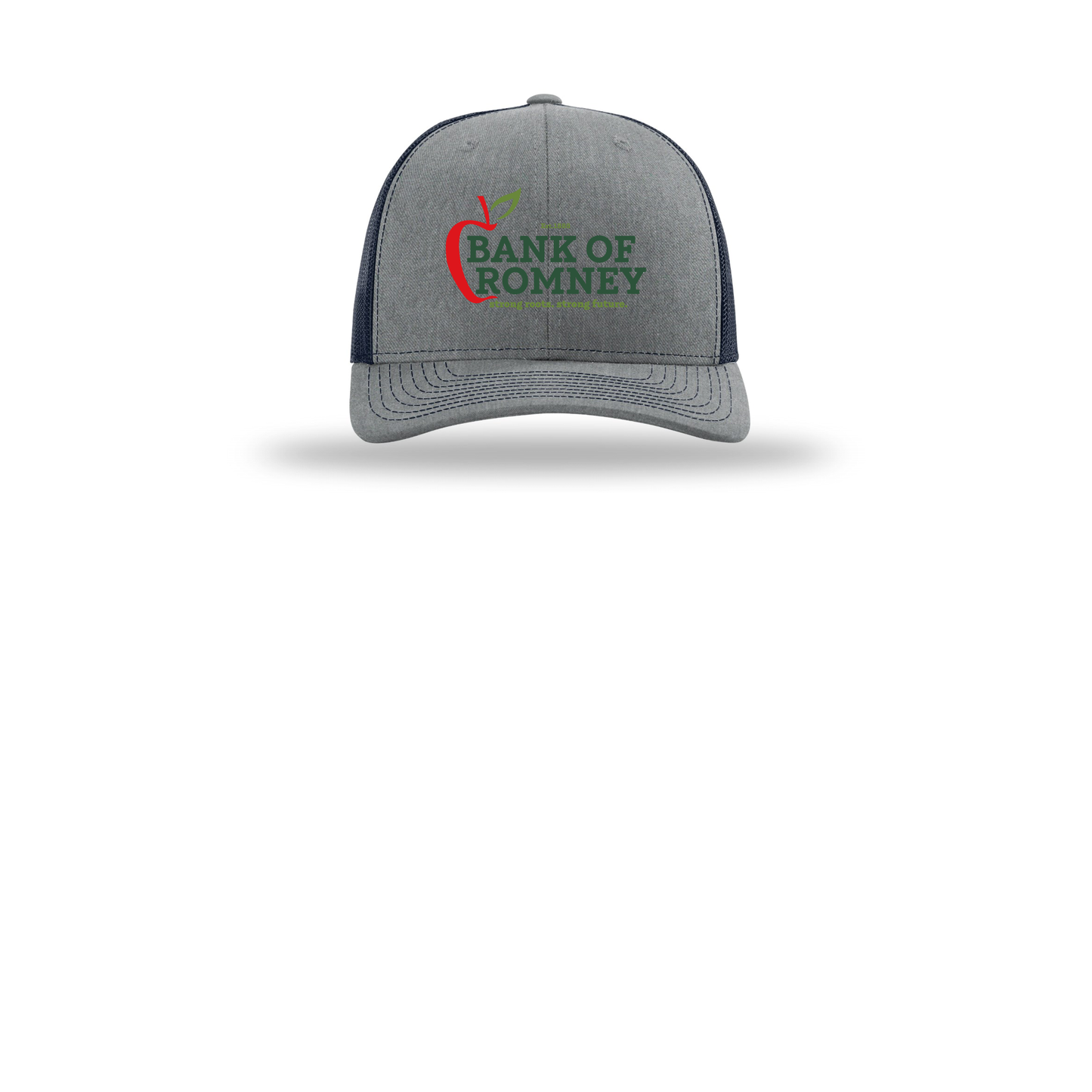 bankofromney-richardson-trucker-cap-embroidery-capfront-R112-heathergreynavy-flat-front