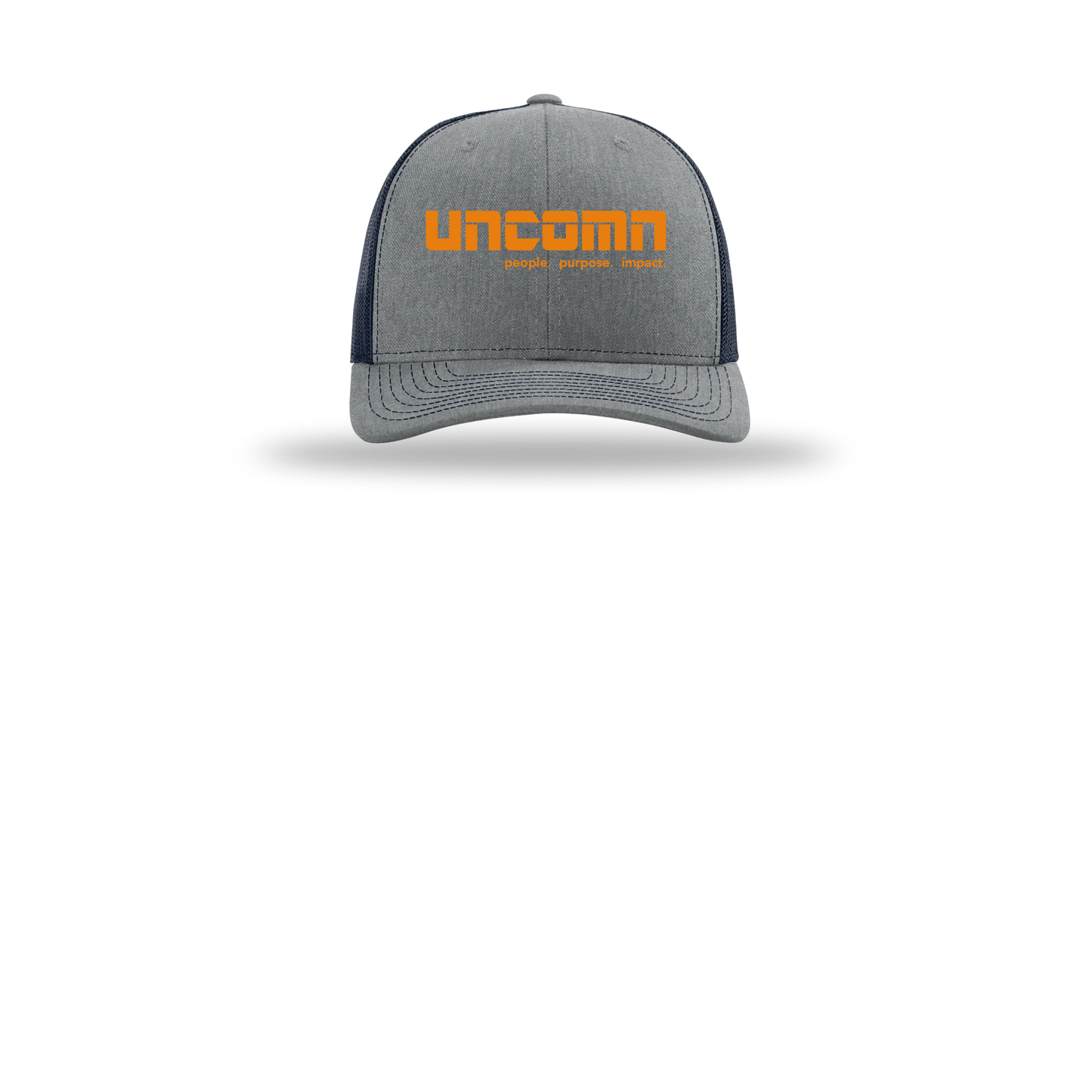 uncomn-richardson-trucker-cap-embroidery-capfront-R112-heathergreynavy-flat-front