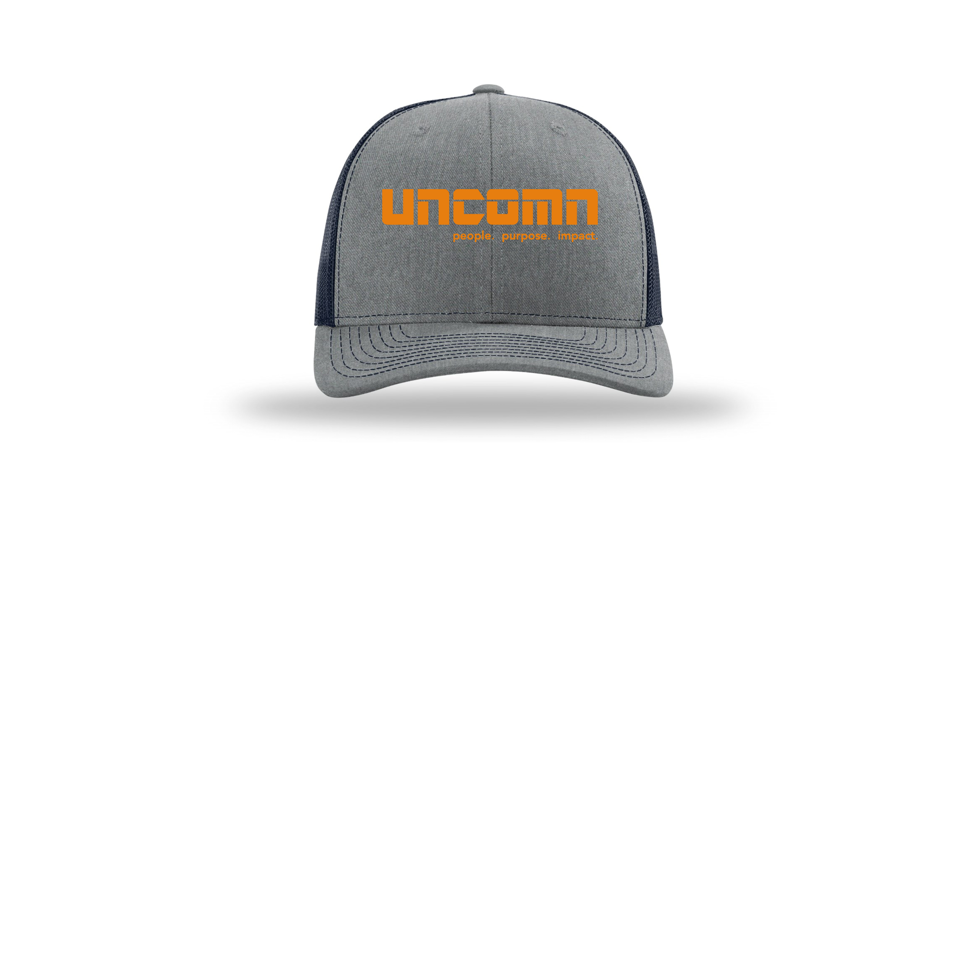 uncomn-richardson-trucker-cap-embroidery-capfront-R112-heathergreynavy-flat-front