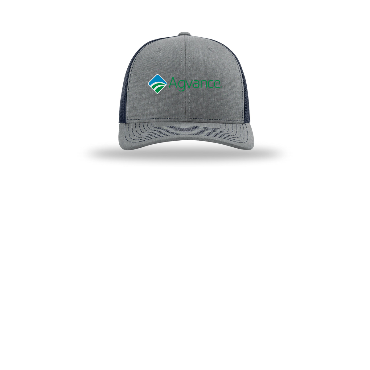agvance-richardson-trucker-cap-embroidery-capfront-R112-heathergreynavy-flat-front