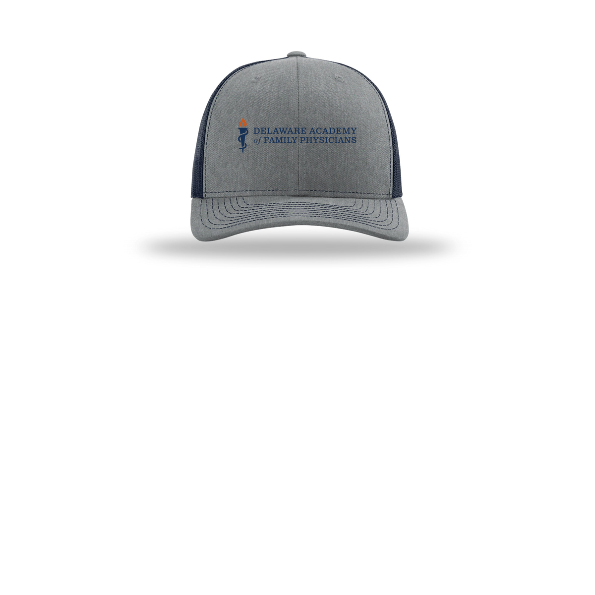 delfamdoc-richardson-trucker-cap-embroidery-capfront-R112-heathergreynavy-flat-front