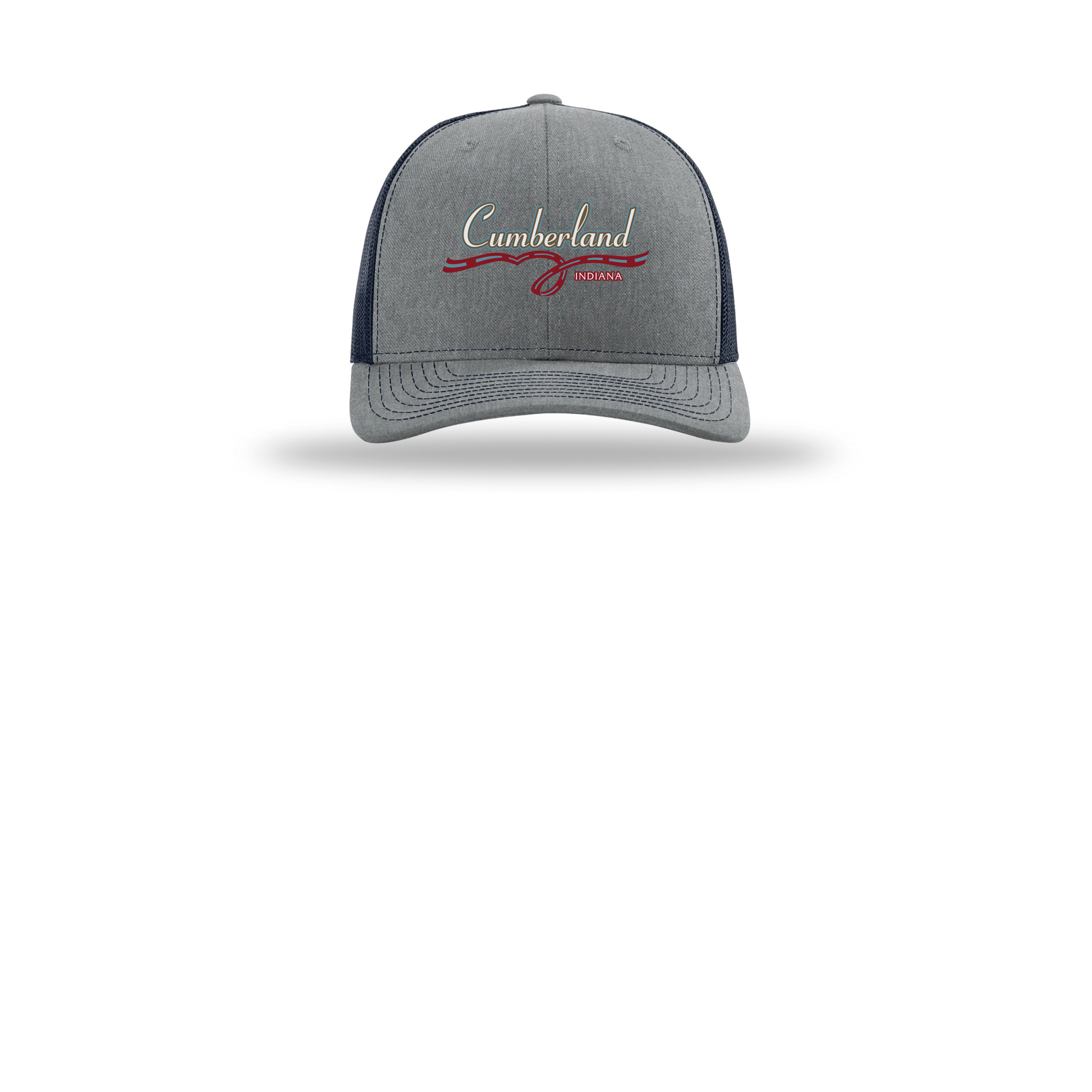 cumberland-richardson-trucker-cap-embroidery-capfront-R112-heathergreynavy-flat-front