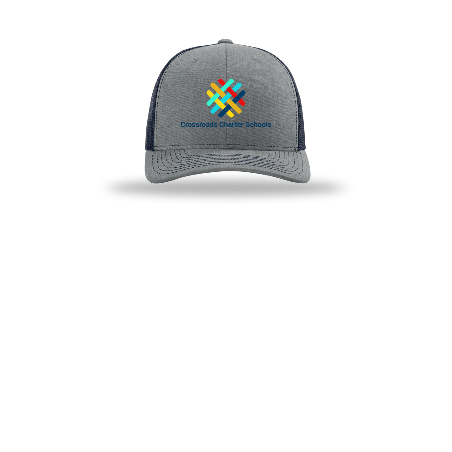 crossroadsschoolskc-richardson-trucker-cap-embroidery-capfront-R112-heathergreynavy-flat-front