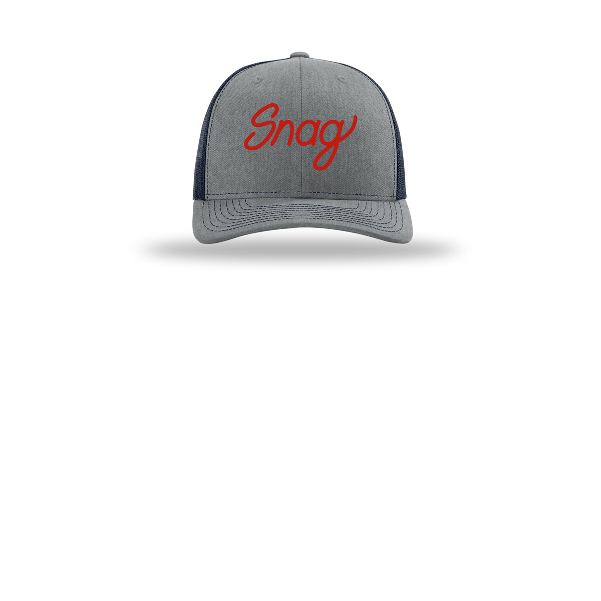 snagdelivery-richardson-trucker-cap-embroidery-capfront-R112-heathergreynavy-flat-front