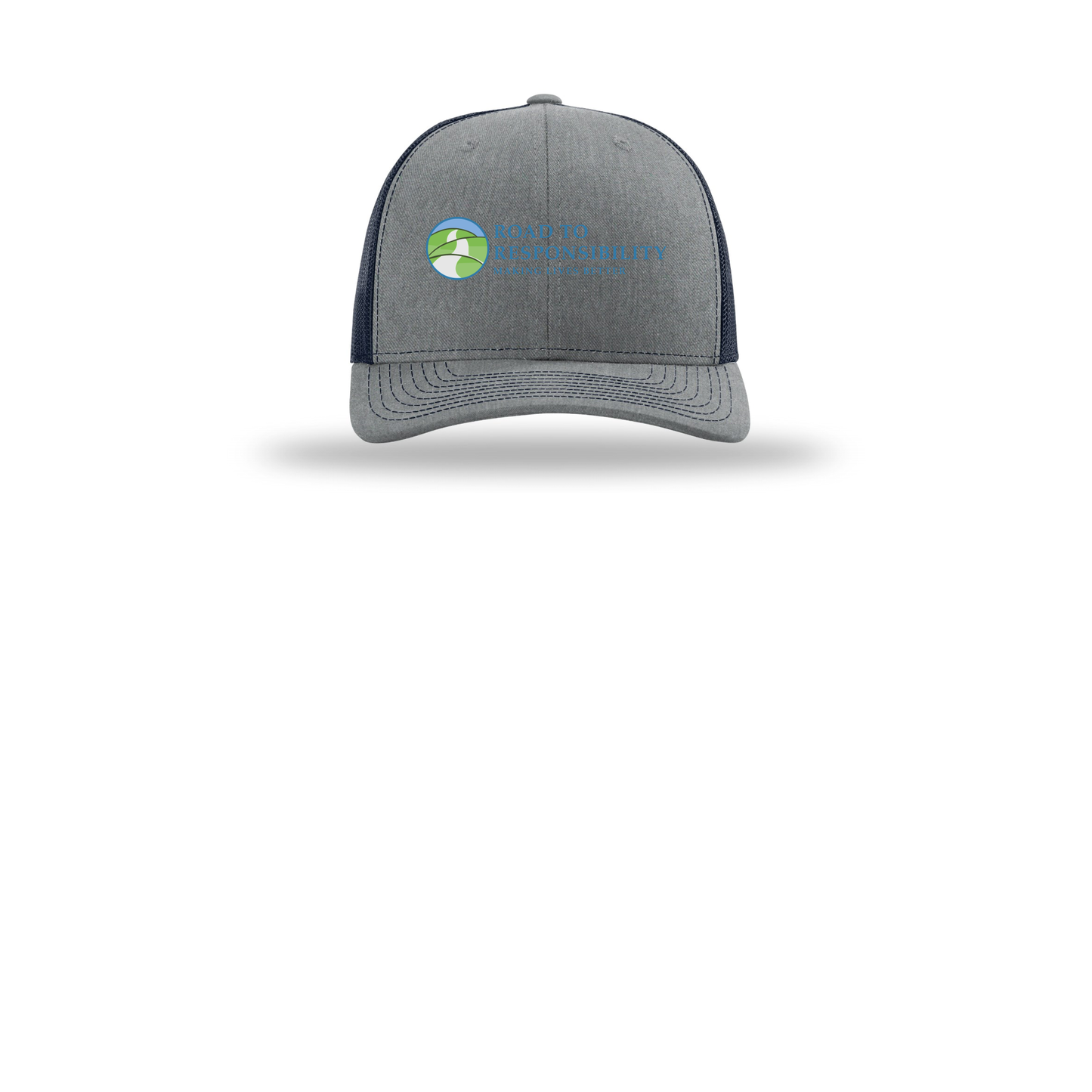 roadtoresponsibility-richardson-trucker-cap-embroidery-capfront-R112-heathergreynavy-flat-front