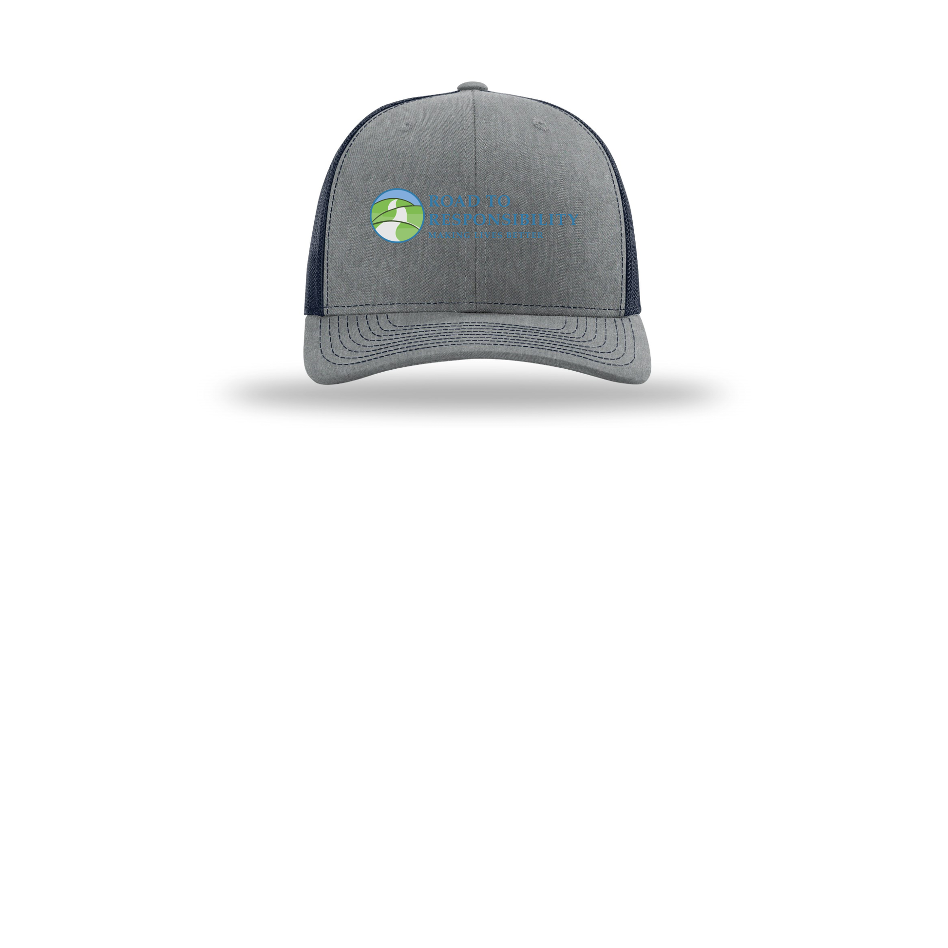roadtoresponsibility-richardson-trucker-cap-embroidery-capfront-R112-heathergreynavy-flat-front