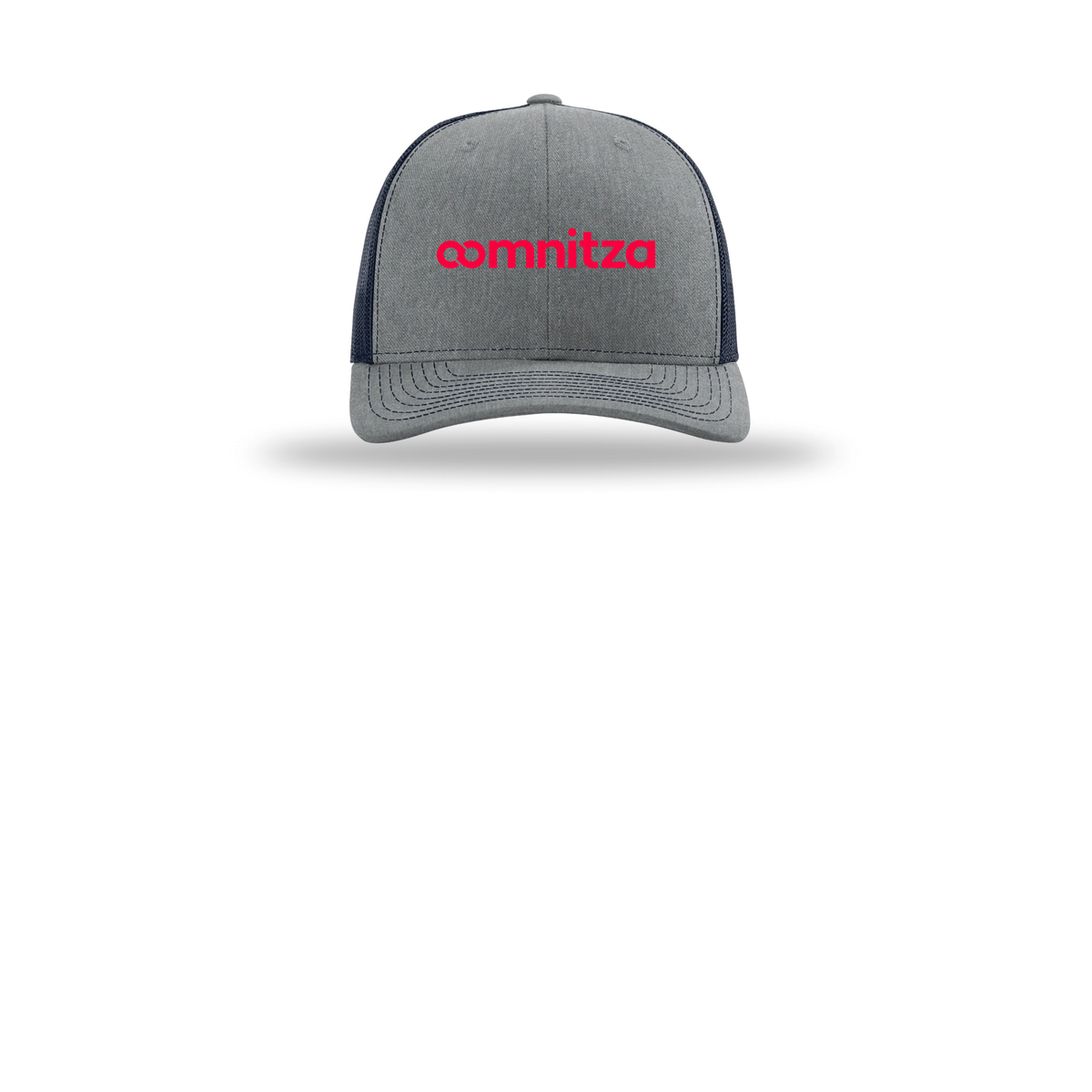 oomnitza-richardson-trucker-cap-embroidery-capfront-R112-heathergreynavy-flat-front