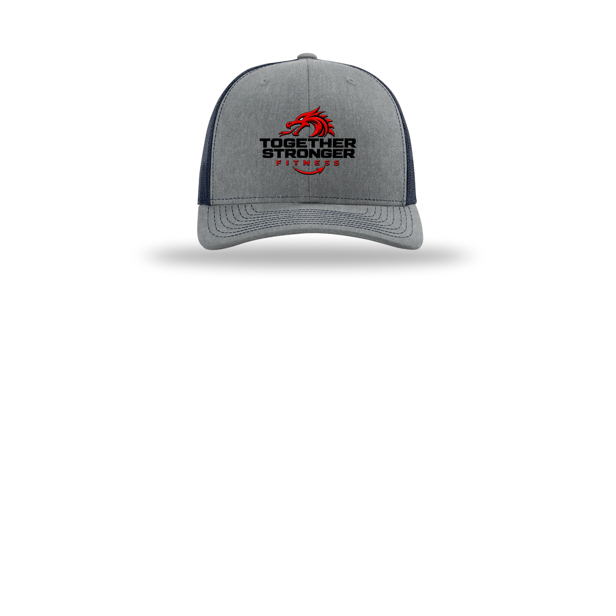 togetherstrongerfitness-richardson-trucker-cap-embroidery-capfront-R112-heathergreynavy-flat-front