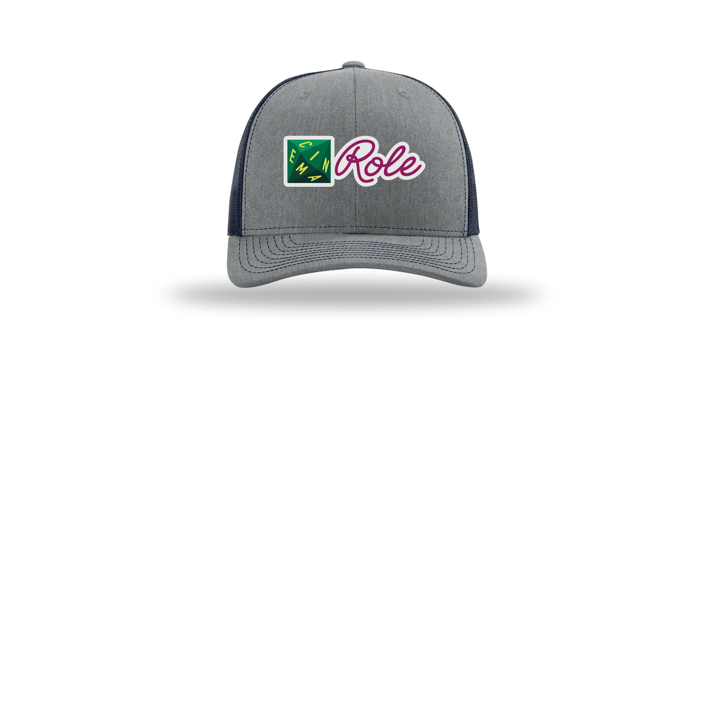 cinemarole-richardson-trucker-cap-embroidery-capfront-R112-heathergreynavy-flat-front