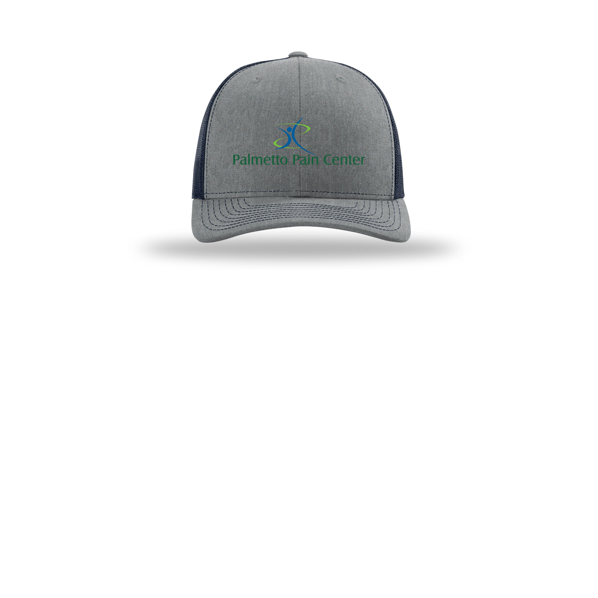 palmetto-pain-center-richardson-trucker-cap-embroidery-capfront-R112-heathergreynavy-flat-front
