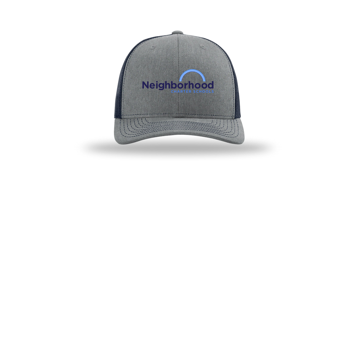 ncschools-richardson-trucker-cap-embroidery-capfront-R112-heathergreynavy-flat-front