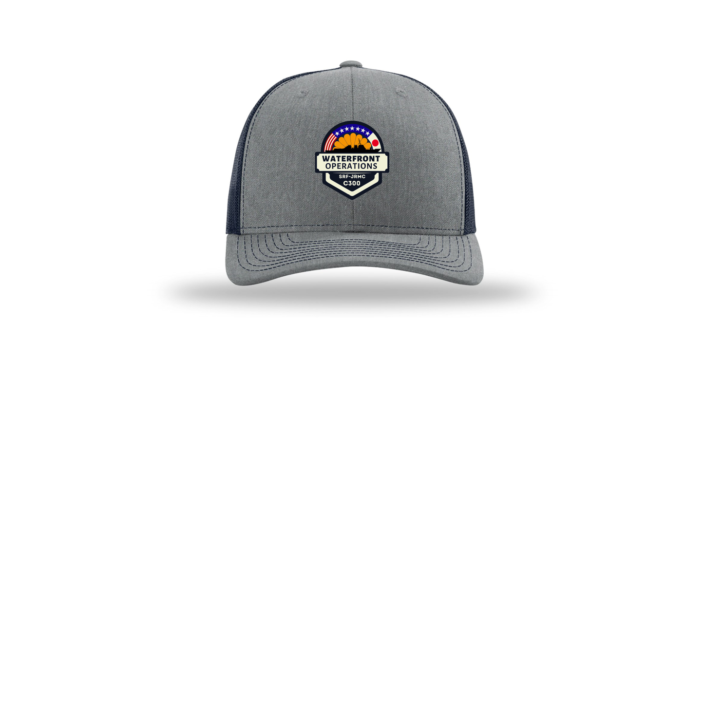 waterfront-operations-retro-trucker-cap-embroidery-capfront-R112-heathergreynavy-flat-front