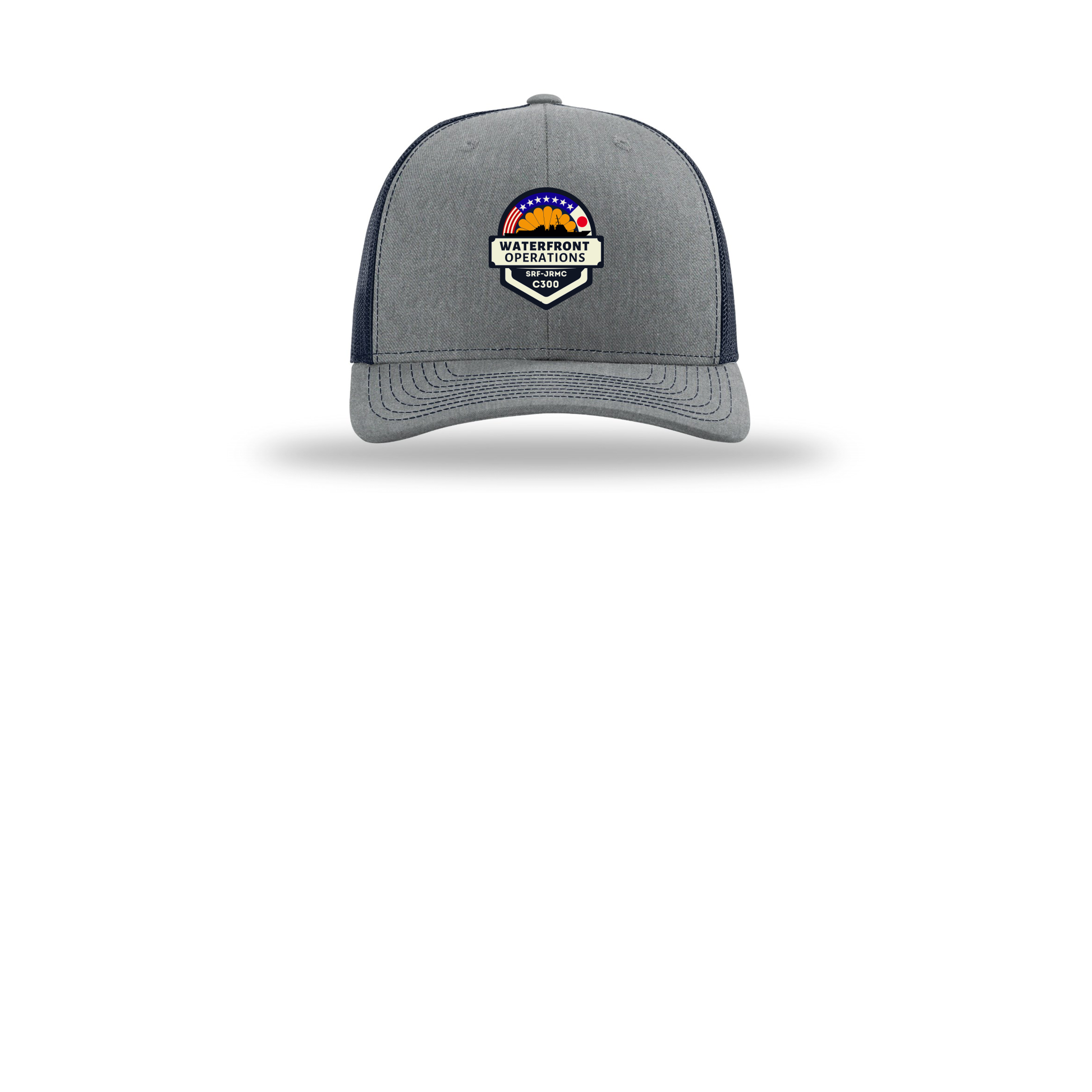 waterfront-operations-retro-trucker-cap-embroidery-capfront-R112-heathergreynavy-flat-front