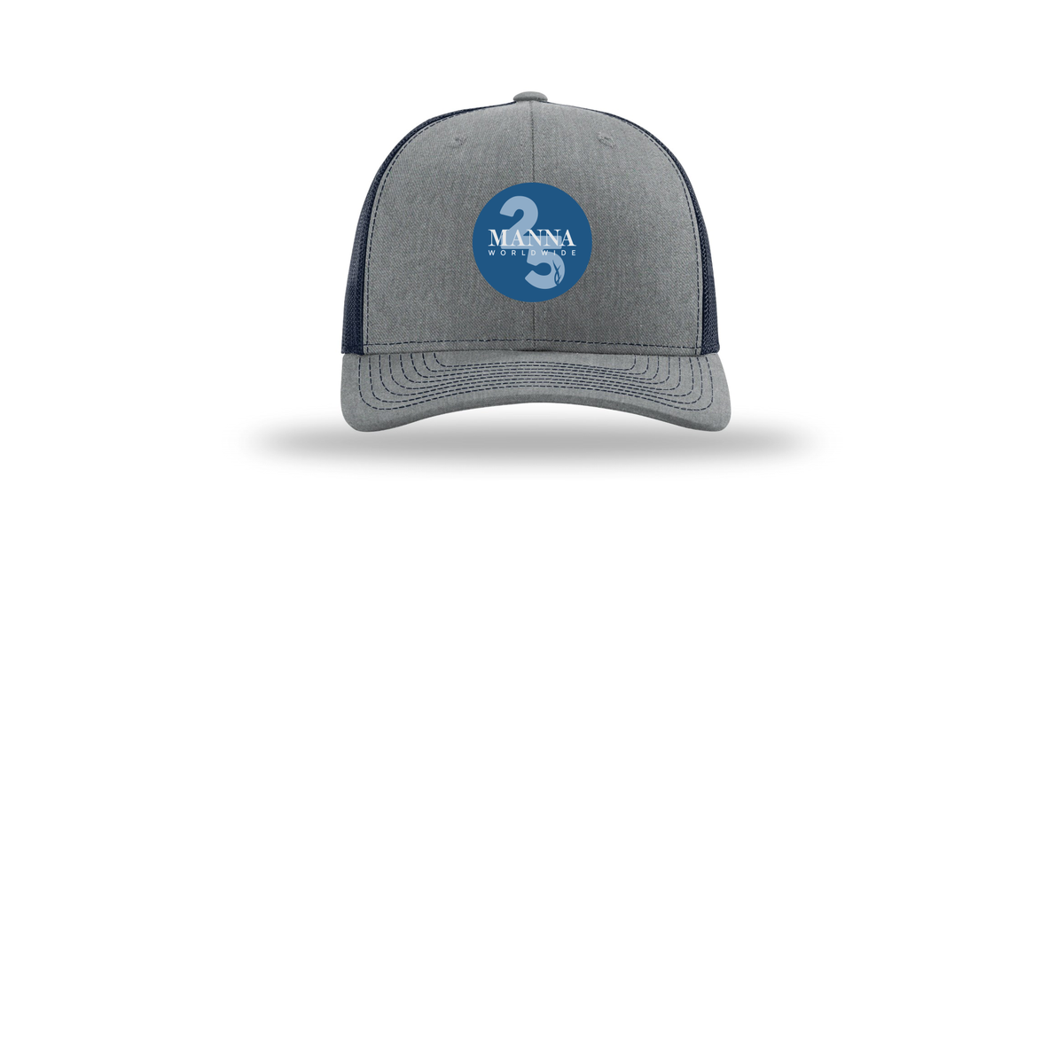 mannaworldwide-richardson-trucker-cap-embroidery-capfront-R112-heathergreynavy-flat-front