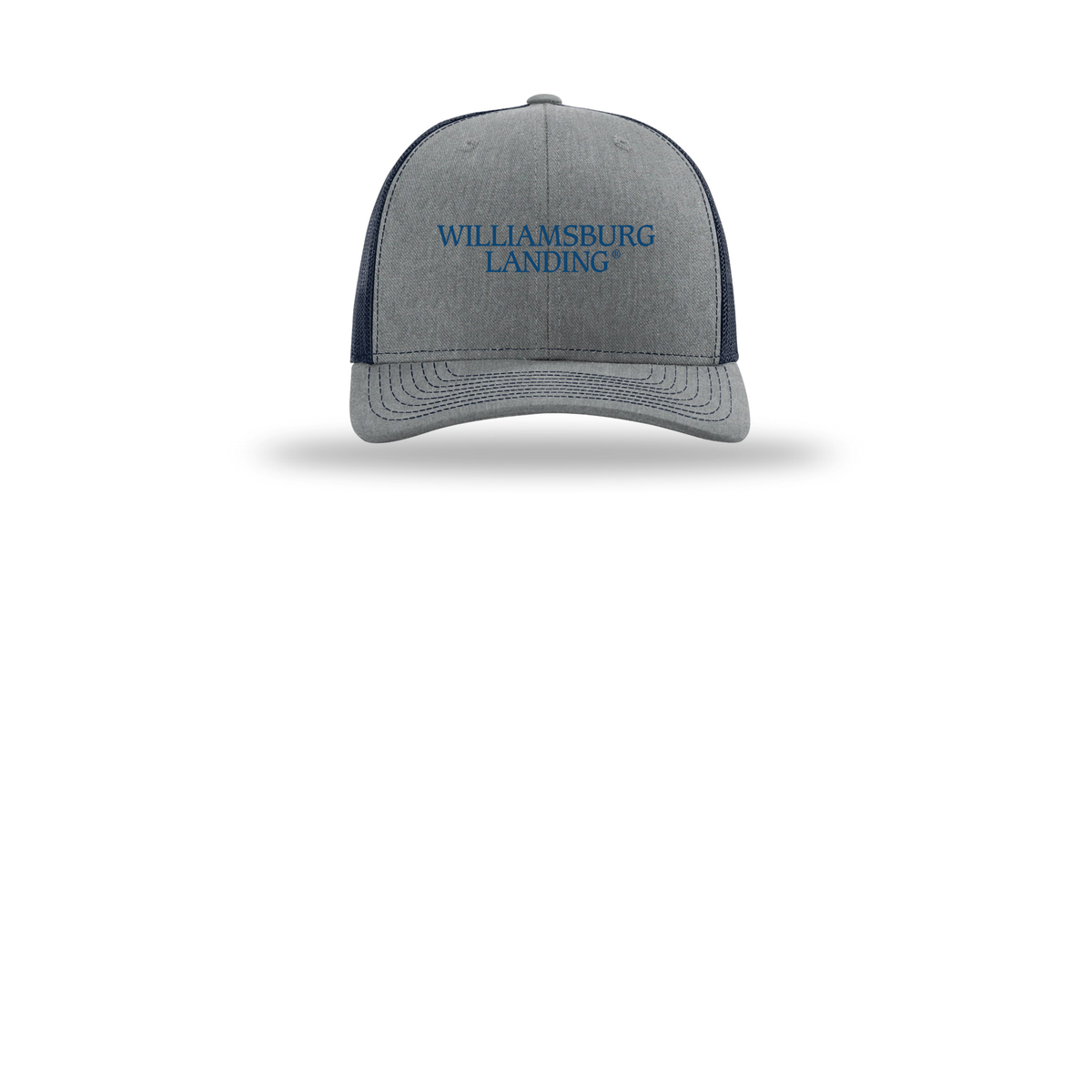 williamsburglanding-richardson-trucker-cap-embroidery-capfront-R112-heathergreynavy-flat-front