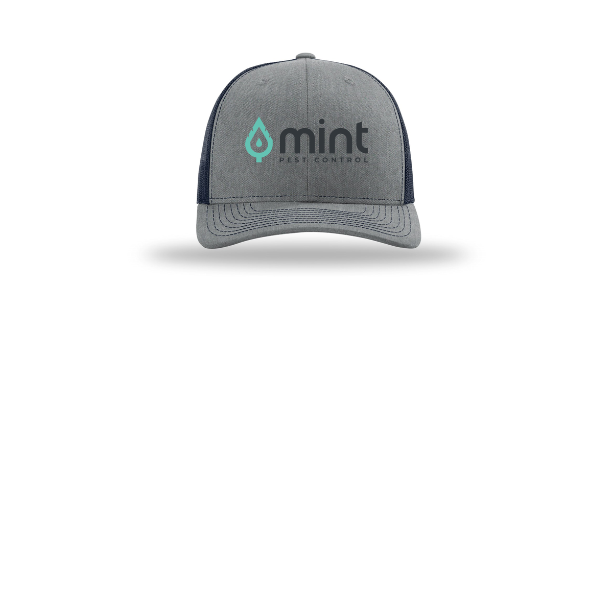 mintpest-richardson-trucker-cap-embroidery-capfront-R112-heathergreynavy-flat-front