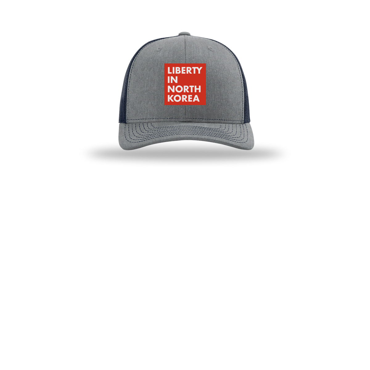 libertyinnorthkorea-richardson-trucker-cap-embroidery-capfront-R112-heathergreynavy-flat-front