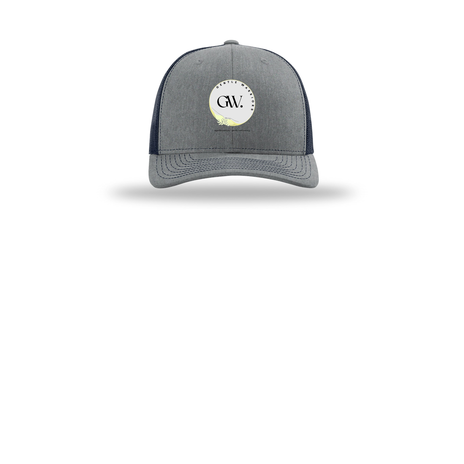 gentle-warriors-richardson-trucker-cap-embroidery-capfront-R112-heathergreynavy-flat-front