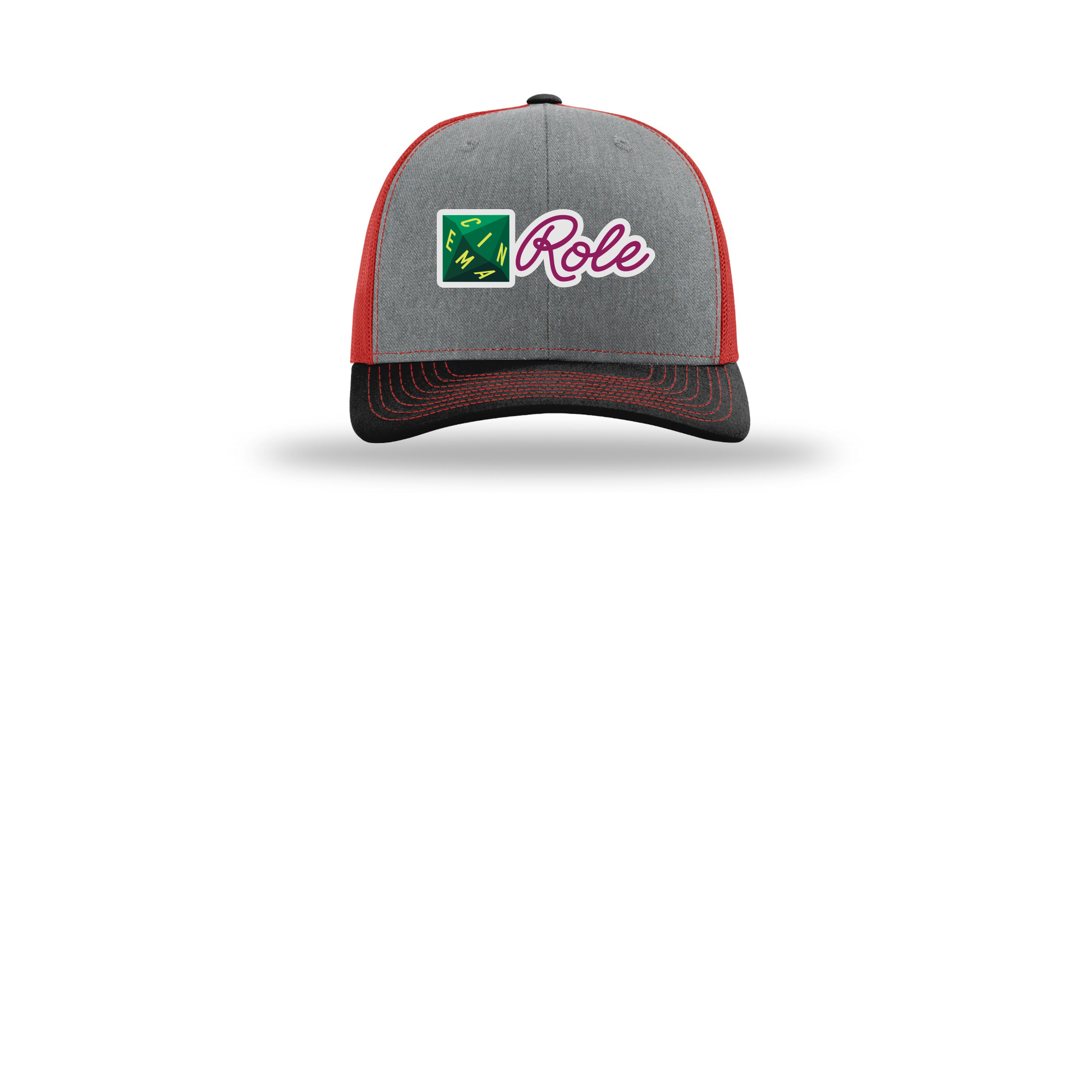 cinemarole-richardson-trucker-cap-embroidery-capfront-R112-heathergreyredblack-flat-front