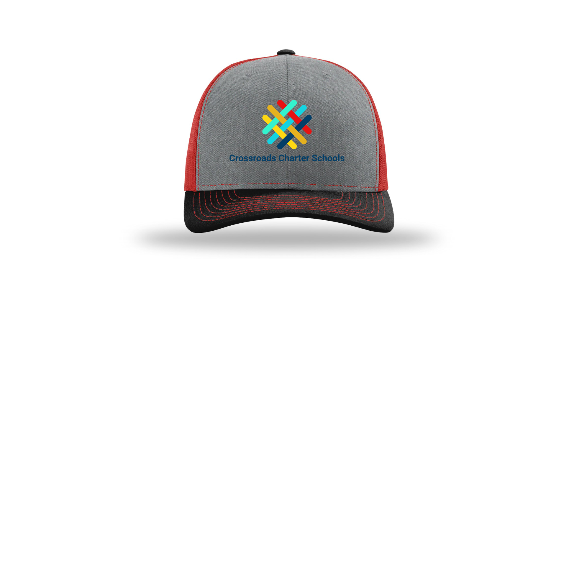 crossroadsschoolskc-richardson-trucker-cap-embroidery-capfront-R112-heathergreyredblack-flat-front