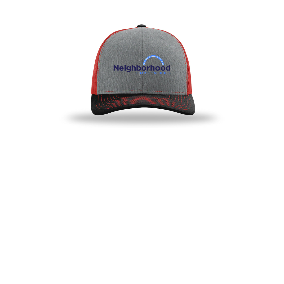 ncschools-richardson-trucker-cap-embroidery-capfront-R112-heathergreyredblack-flat-front