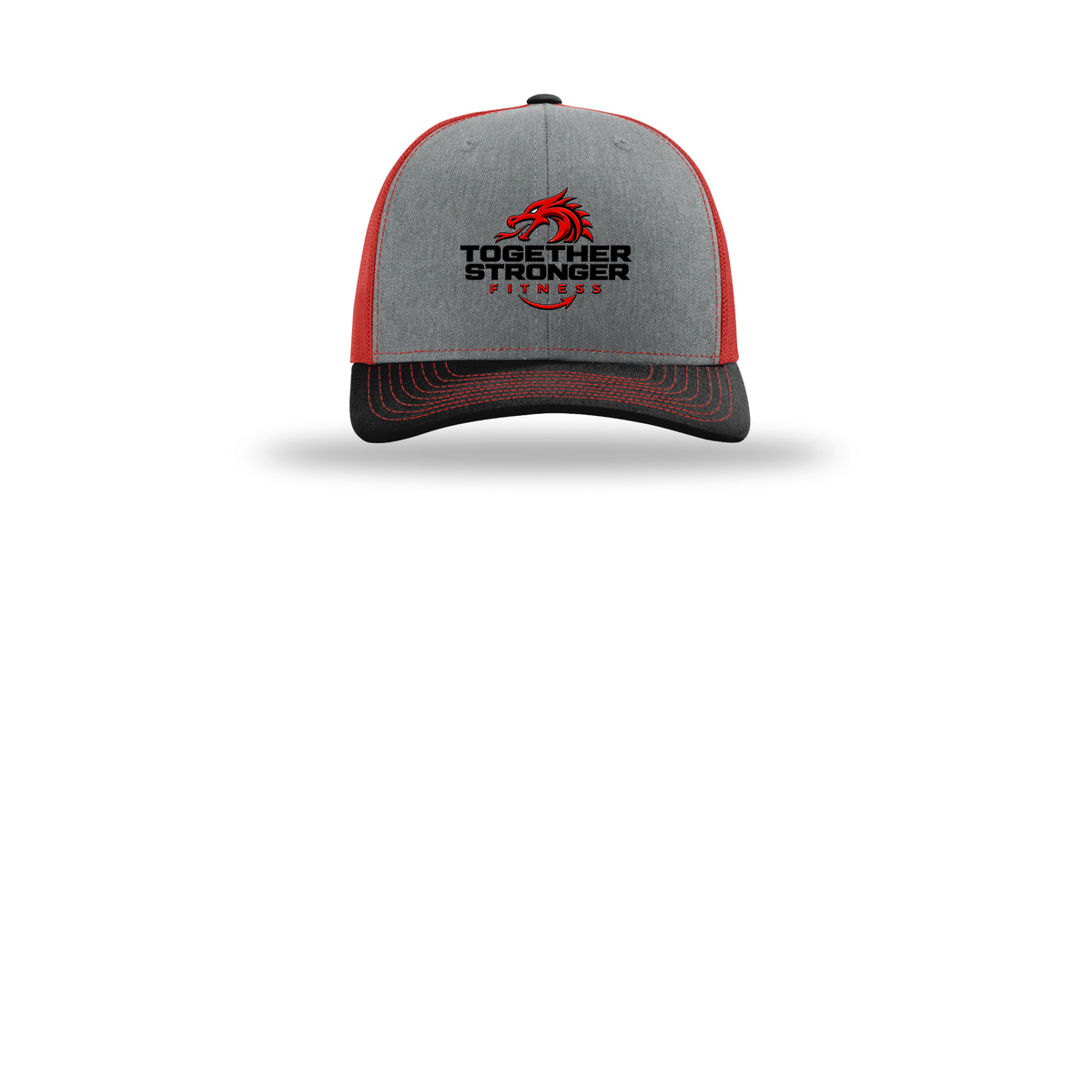 togetherstrongerfitness-richardson-trucker-cap-embroidery-capfront-R112-heathergreyredblack-flat-front