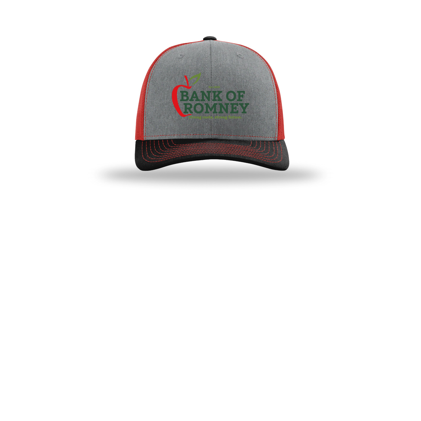 bankofromney-richardson-trucker-cap-embroidery-capfront-R112-heathergreyredblack-flat-front