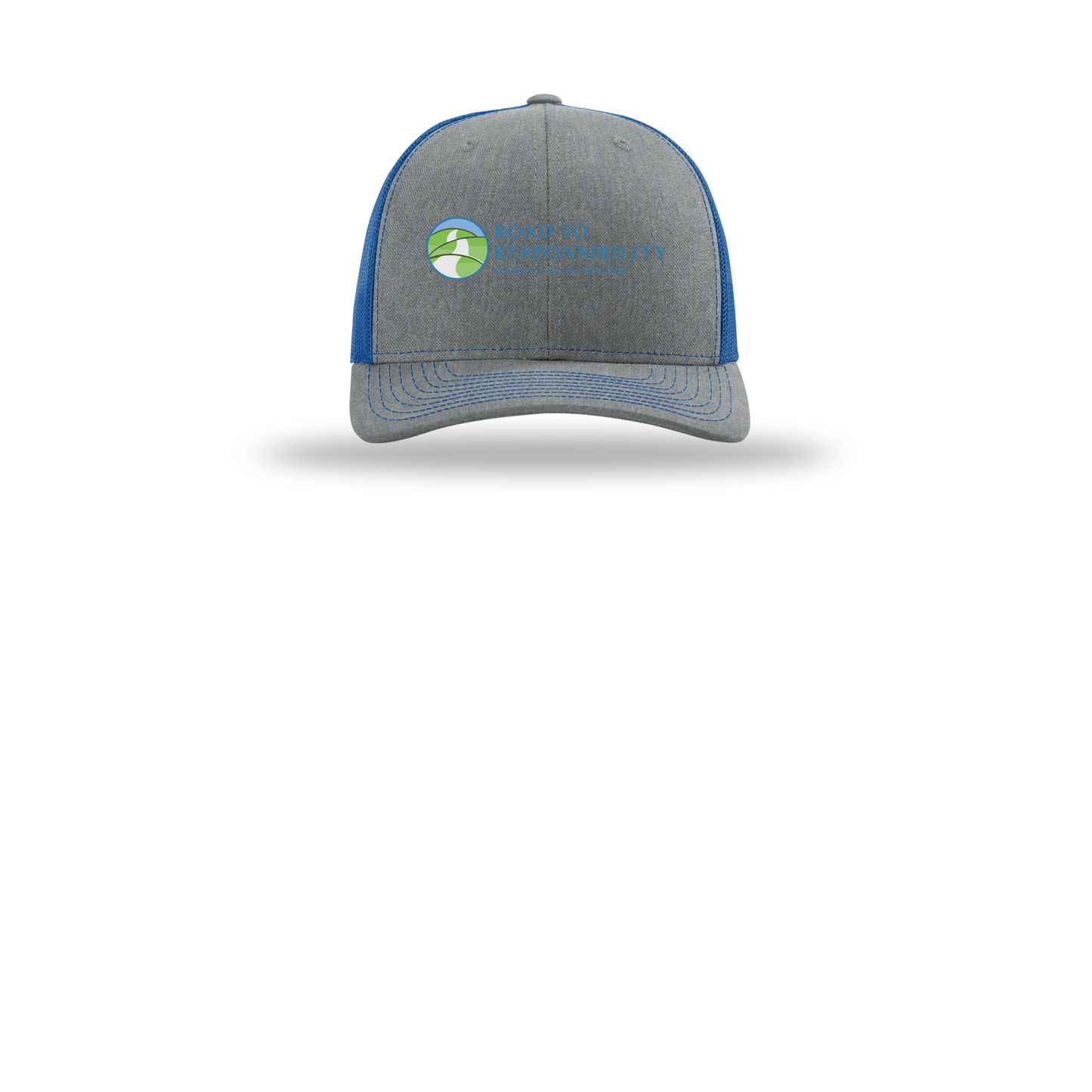 roadtoresponsibility-richardson-trucker-cap-embroidery-capfront-R112-heathergreyroyal-flat-front