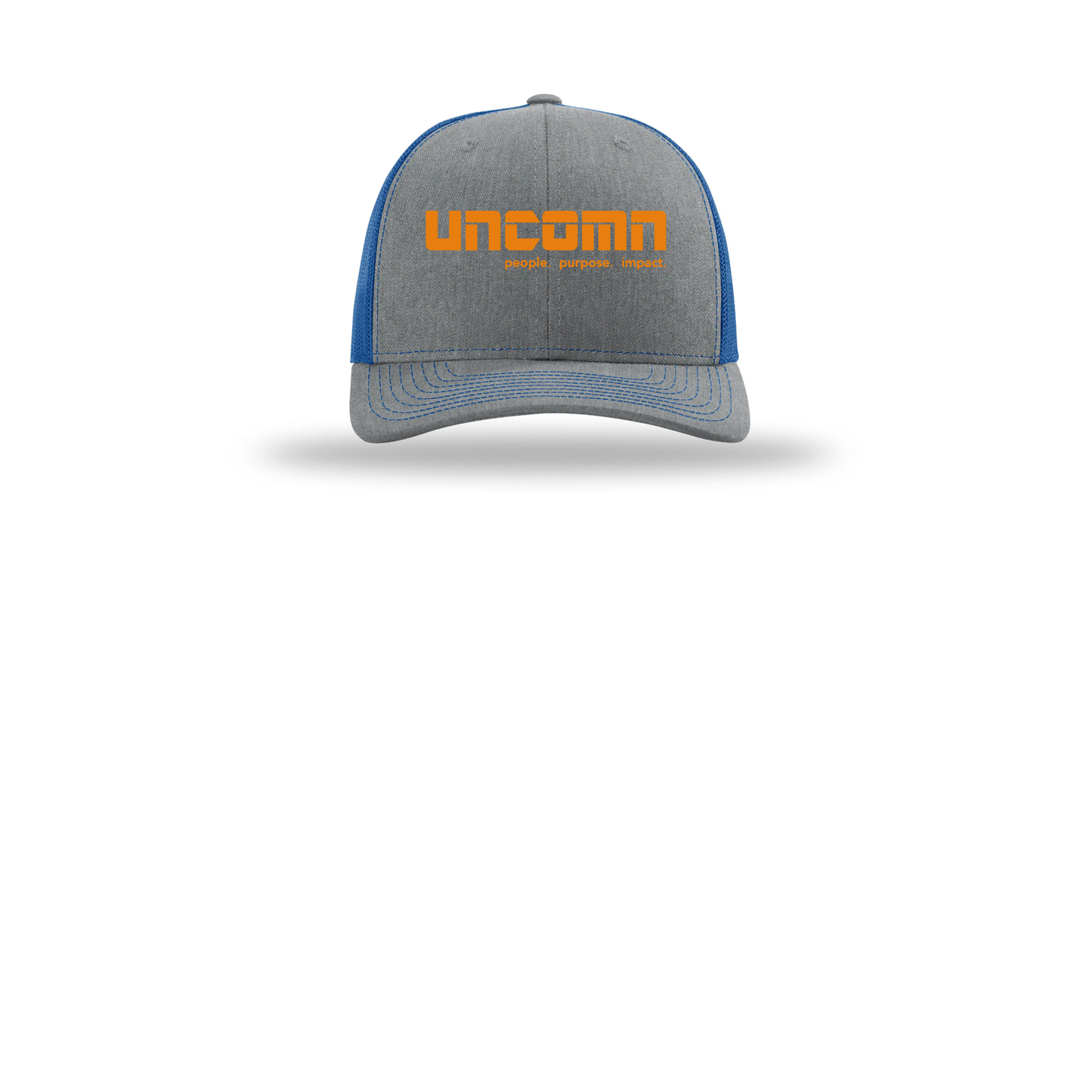 uncomn-richardson-trucker-cap-embroidery-capfront-R112-heathergreyroyal-flat-front