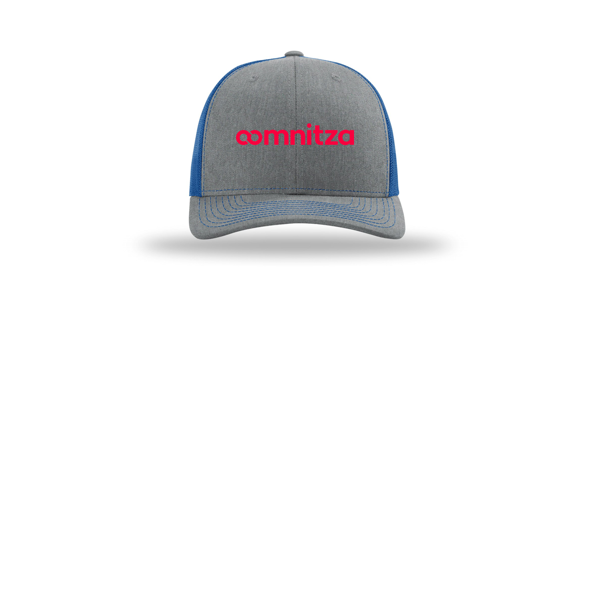 oomnitza-richardson-trucker-cap-embroidery-capfront-R112-heathergreyroyal-flat-front