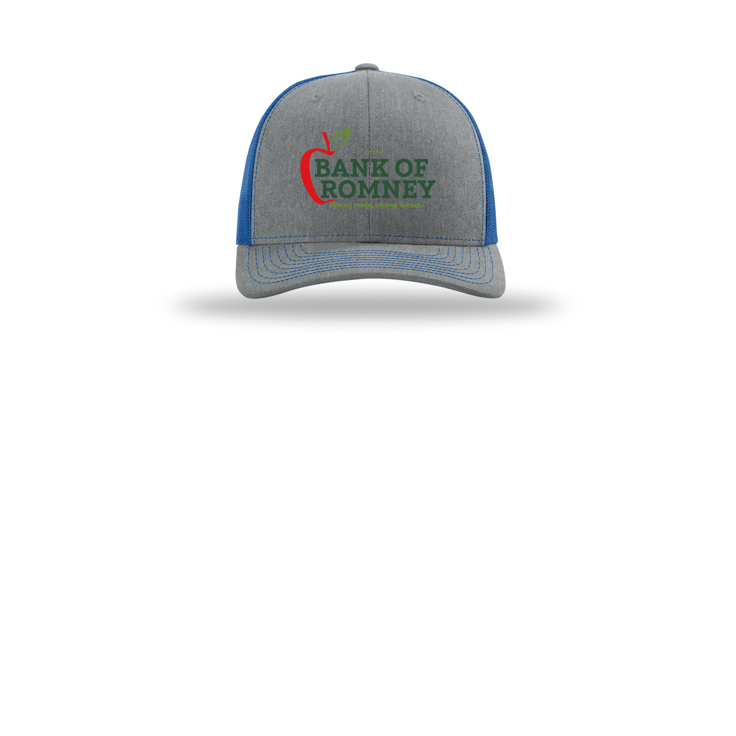 bankofromney-richardson-trucker-cap-embroidery-capfront-R112-heathergreyroyal-flat-front