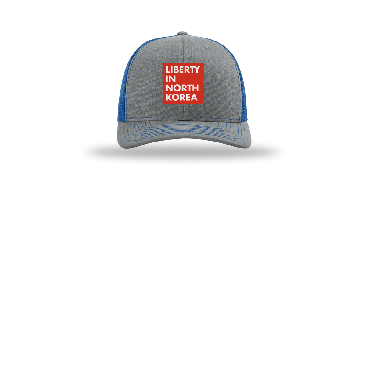 libertyinnorthkorea-richardson-trucker-cap-embroidery-capfront-R112-heathergreyroyal-flat-front