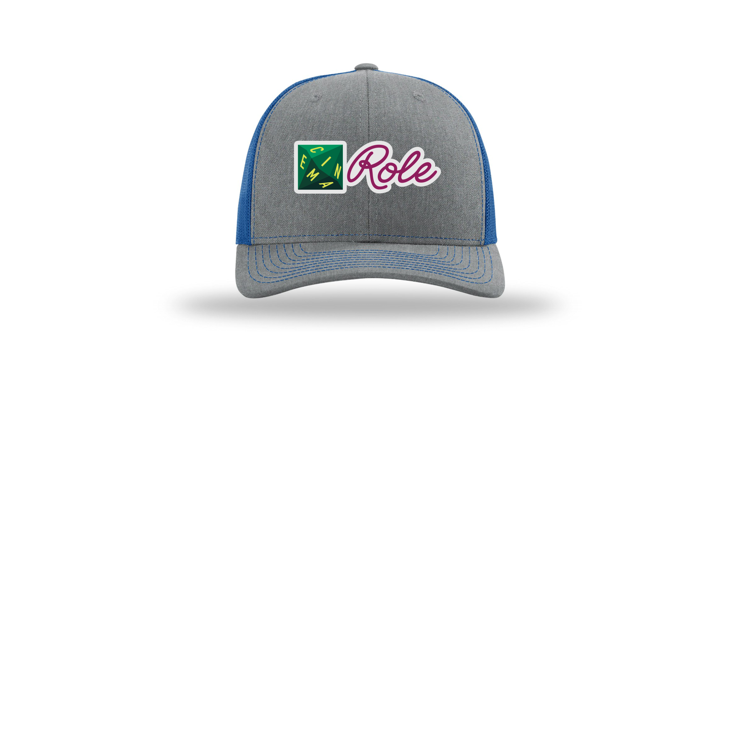cinemarole-richardson-trucker-cap-embroidery-capfront-R112-heathergreyroyal-flat-front