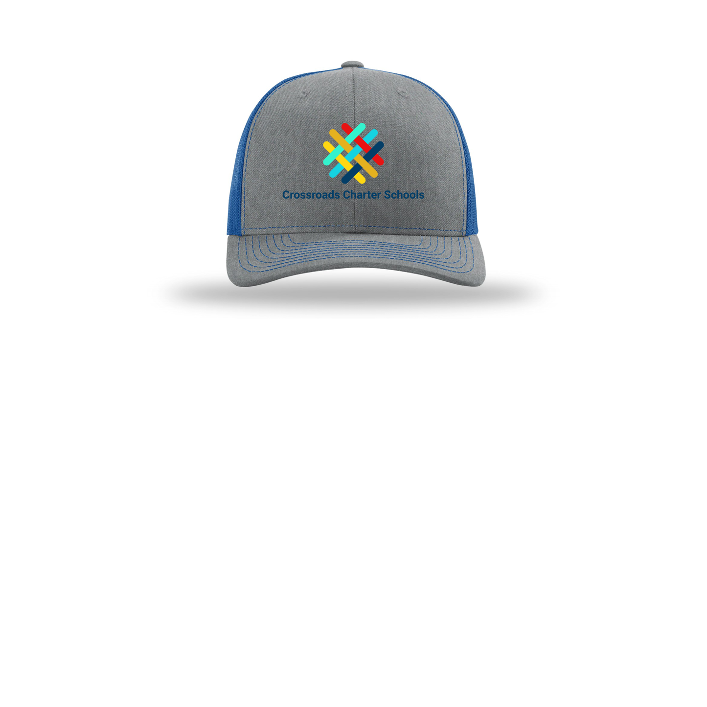 crossroadsschoolskc-richardson-trucker-cap-embroidery-capfront-R112-heathergreyroyal-flat-front