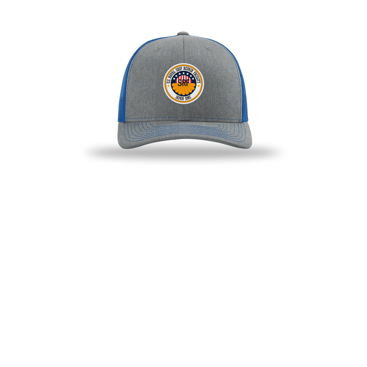 srf-jrmc-richardson-trucker-cap-embroidery-capfront-R112-heathergreyroyal-flat-front